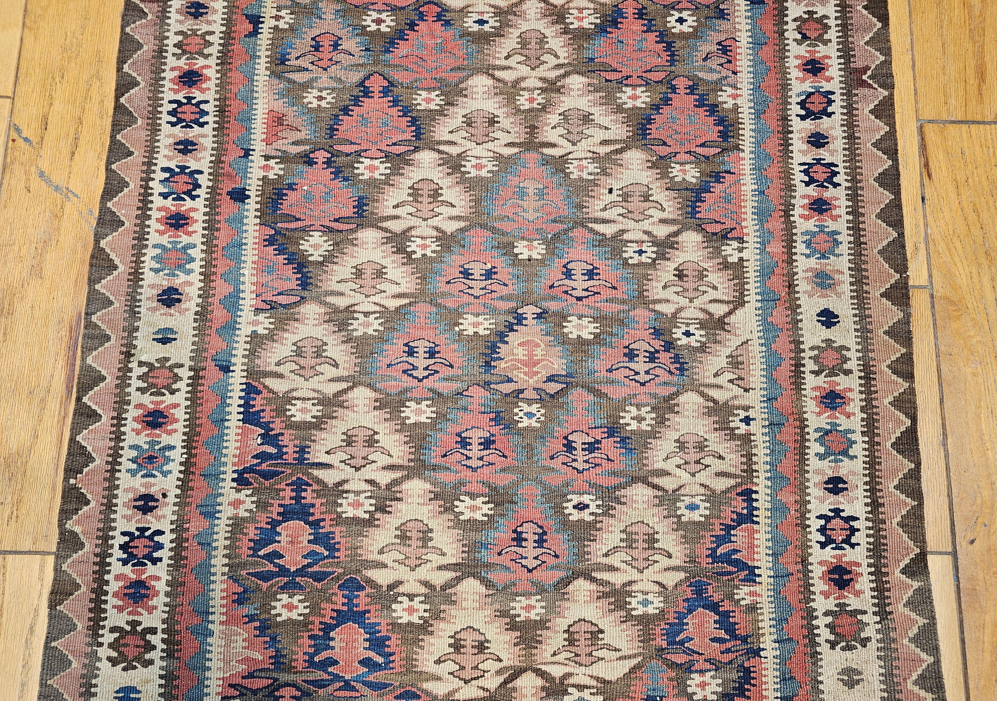 Vintage Persian Kilim Runner in Blue, Brown, Green, Yellow, Pink In Good Condition For Sale In Barrington, IL