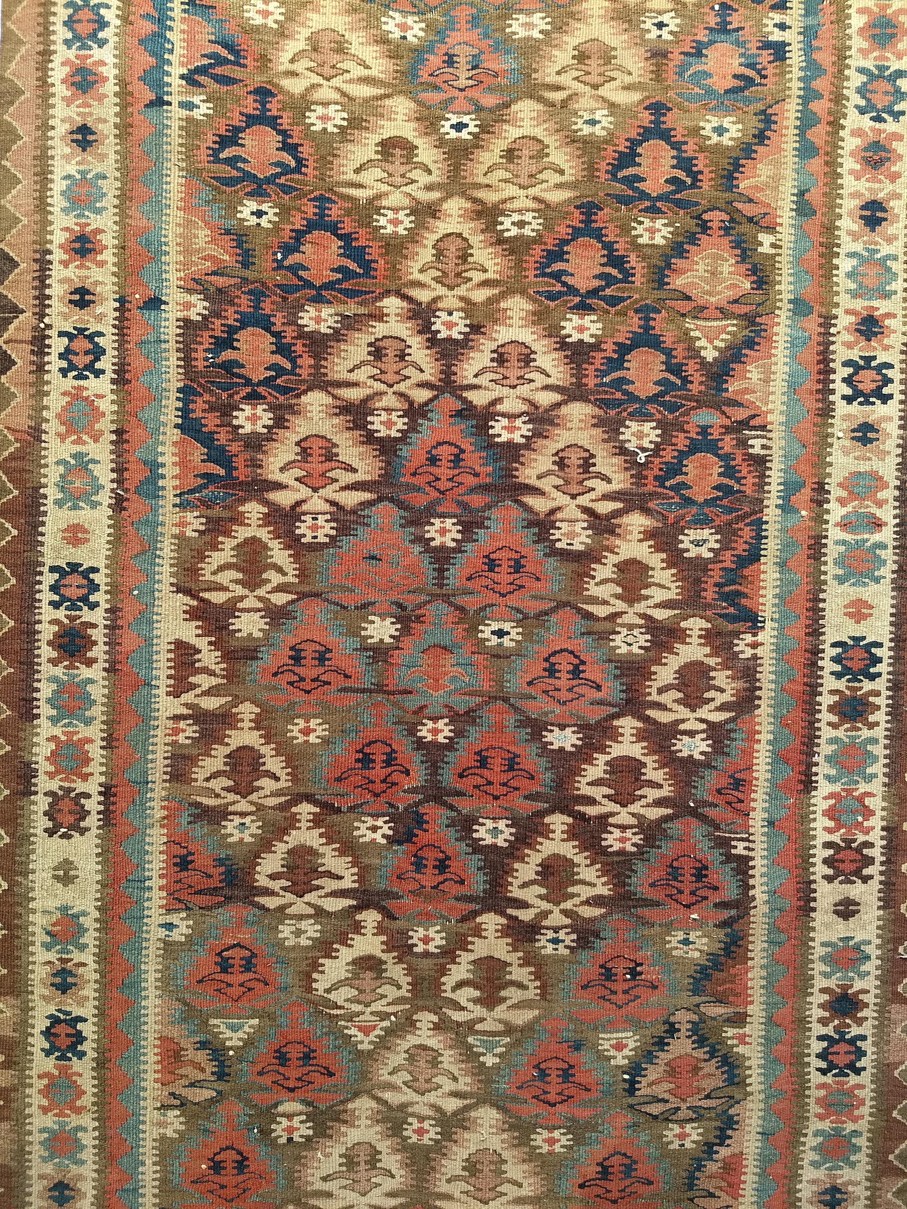 Wool Vintage Persian Kilim Runner in Blue, Brown, Green, Yellow, Pink For Sale