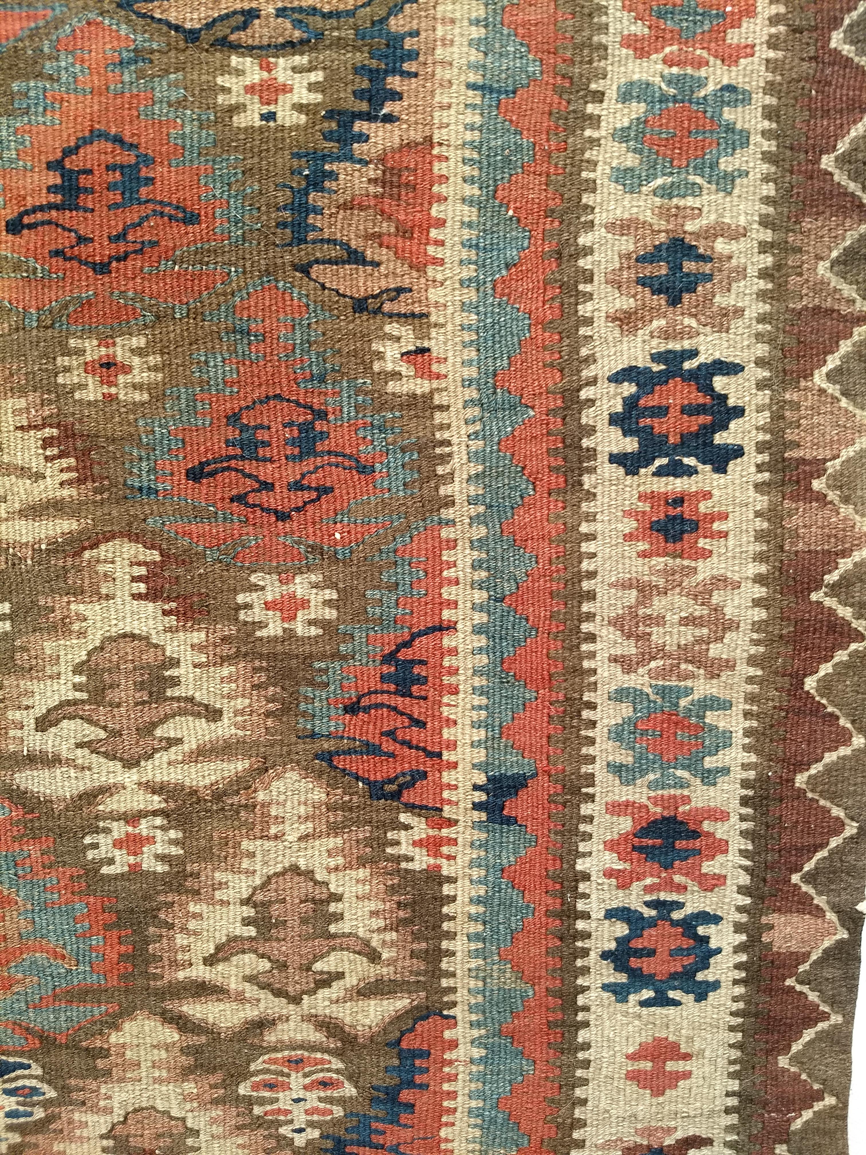 Vintage Persian Kilim Runner in Blue, Brown, Green, Yellow, Pink For Sale 1