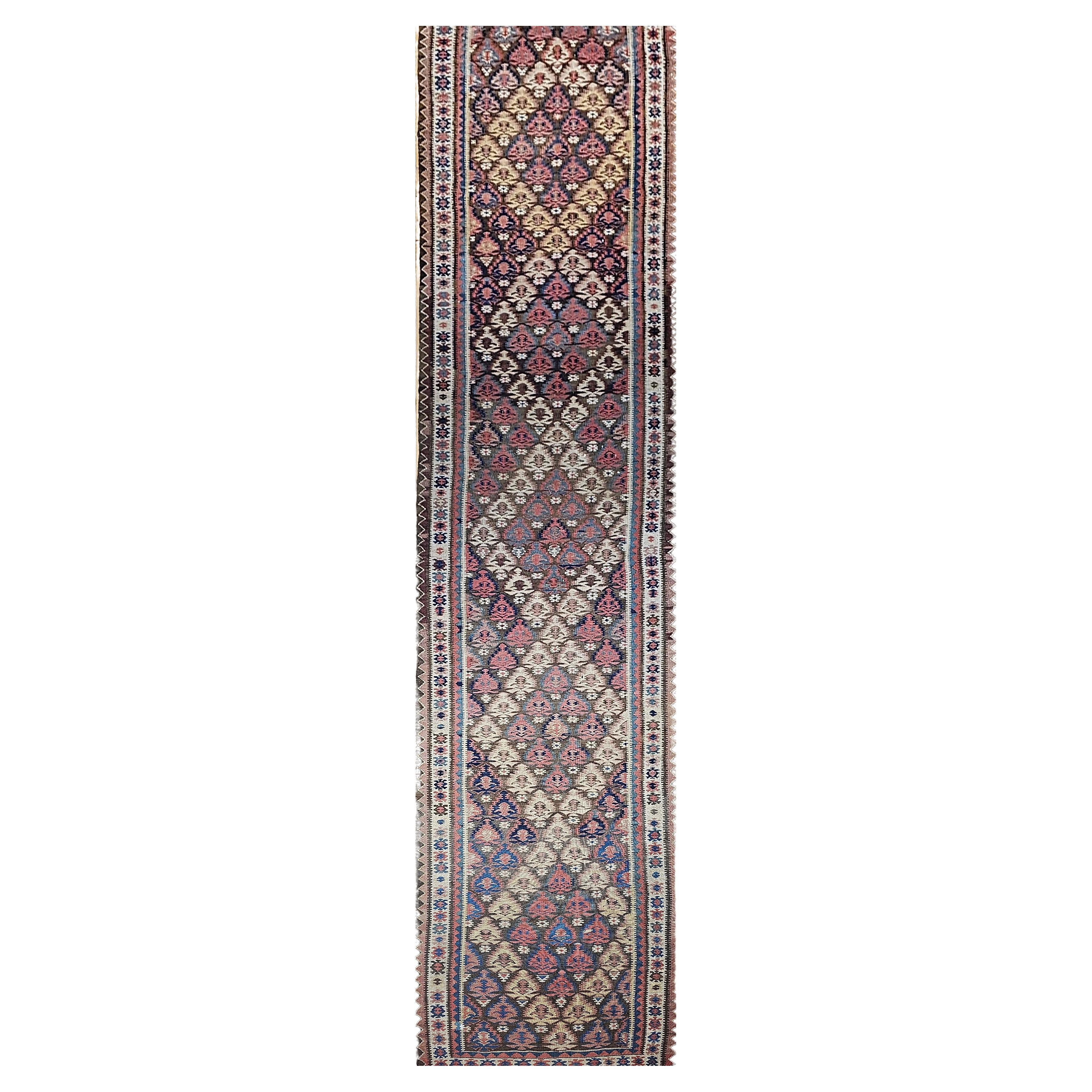 Vintage Persian Kilim Runner in Blue, Brown, Green, Yellow, Pink For Sale