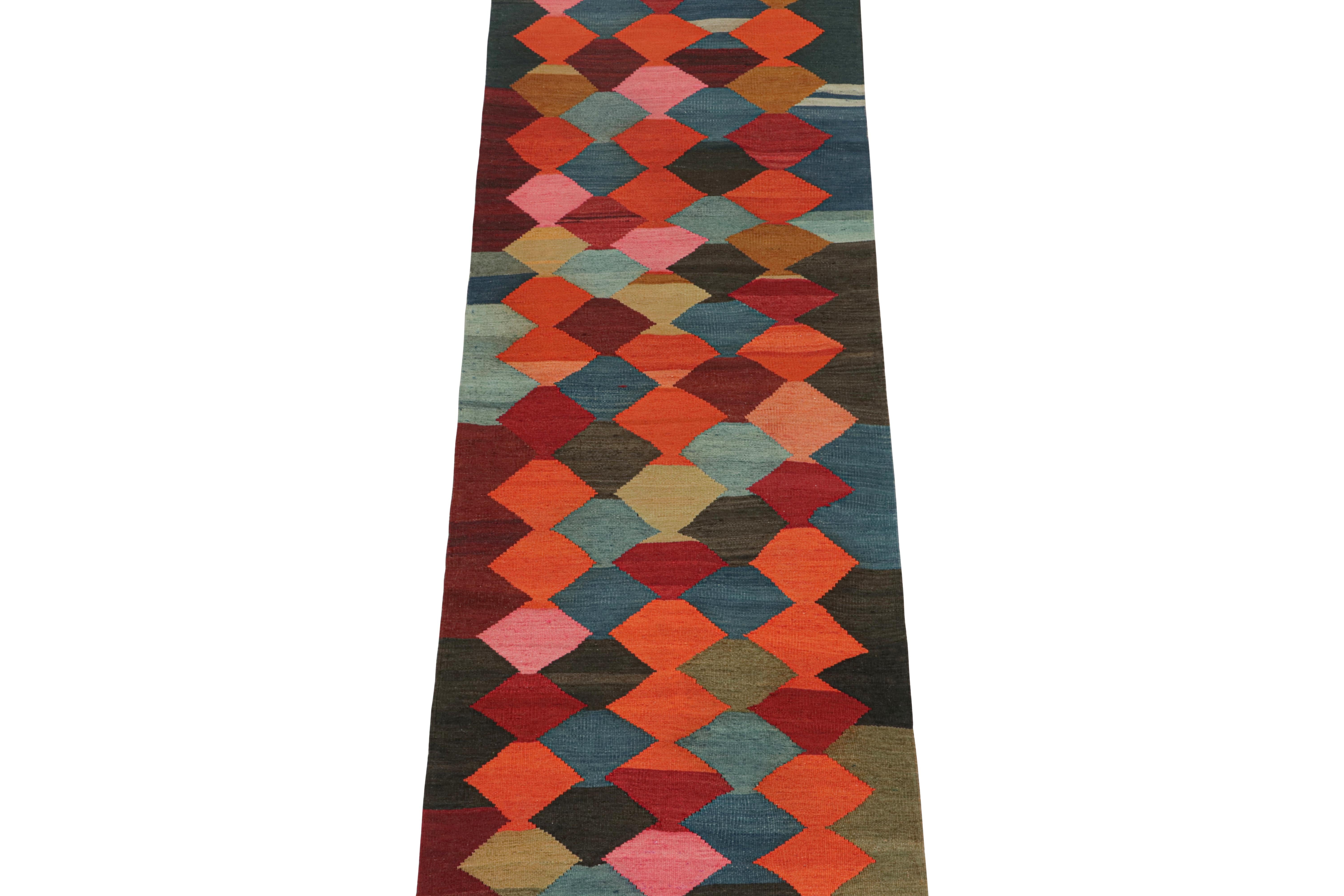 This vintage 3x8 Persian Kilim is a tribal runner we believe hails from the Karadagh region. Handwoven in wool, it originates circa 1950-1960.

Further on the Design:

This runner prefers geometric patterns like lozenges and diamonds in vibrant