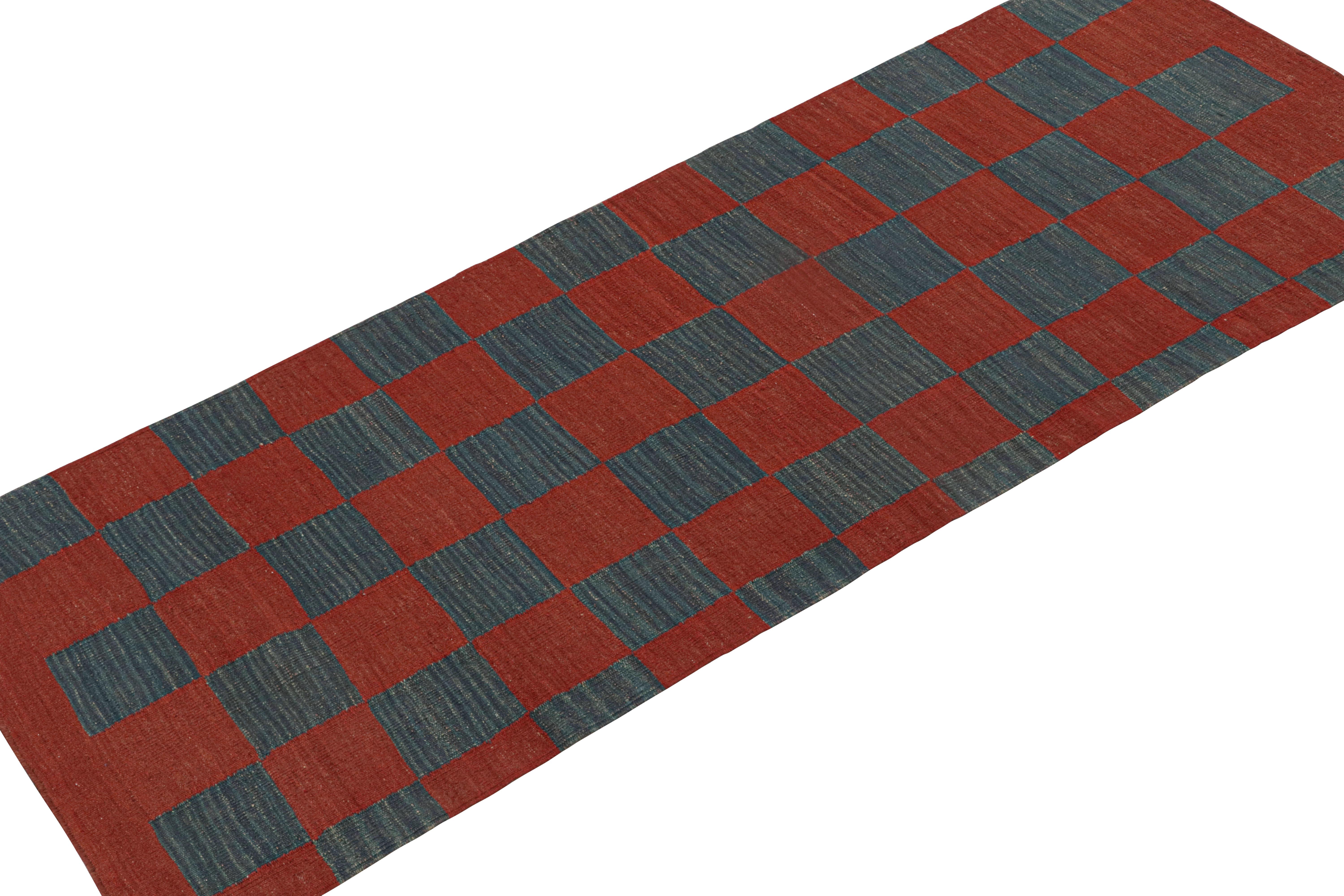 Tribal Vintage Persian Kilim Runner in Red & Blue Checkerboard Pattern by Rug & Kilim For Sale