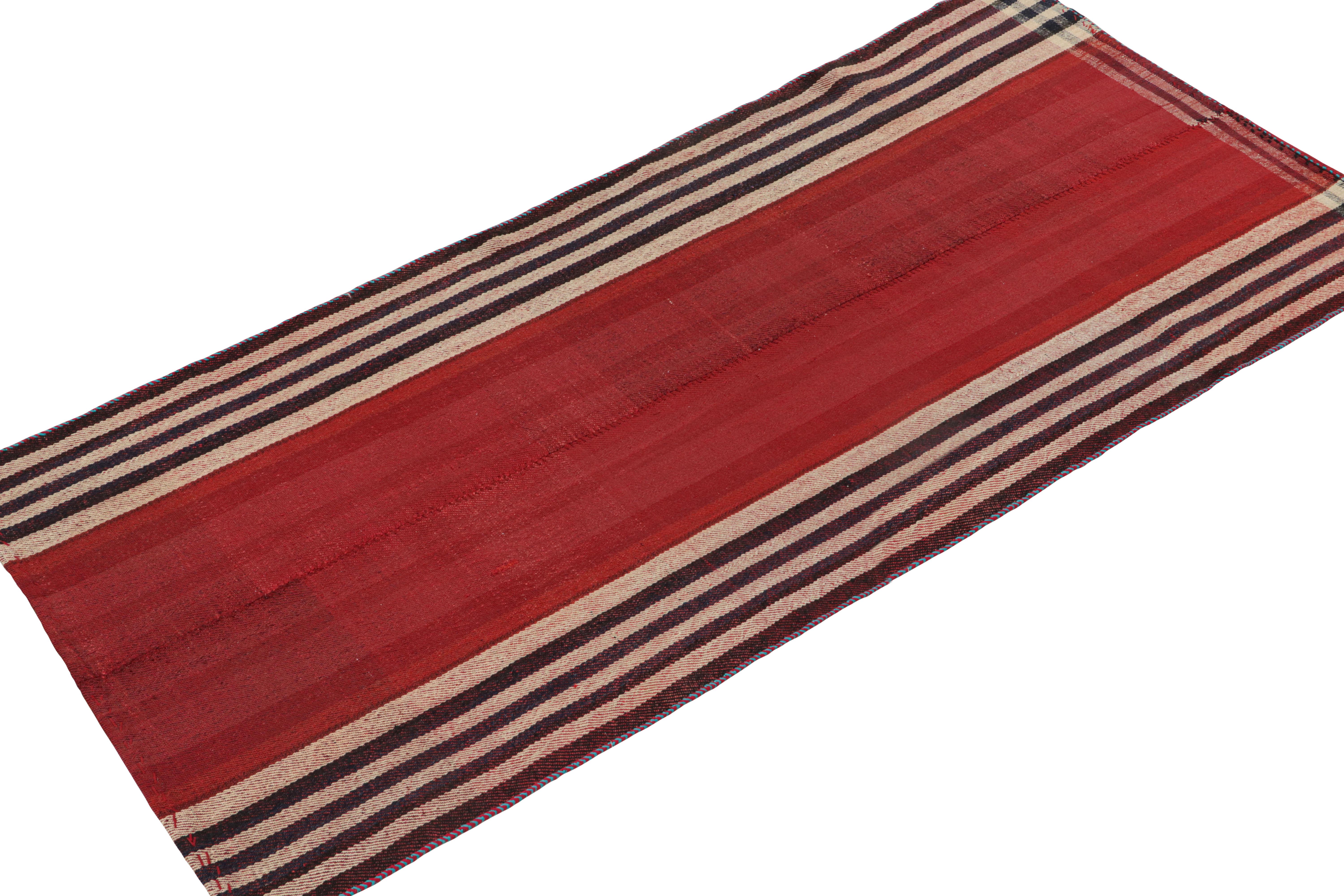 Tribal Vintage Persian Kilim Runner in Red with Blue and White Stripes by Rug & Kilim For Sale