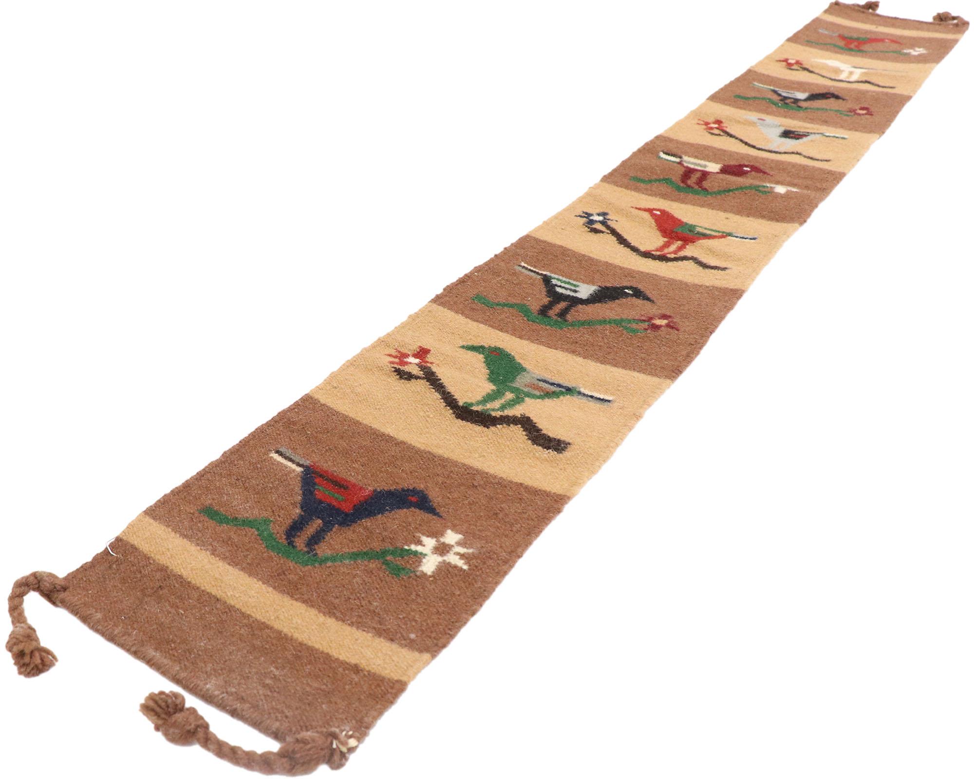 77983 Vintage Persian Kilim Runner 0'11 x 06'07. Reminiscences of an exotic journey and worldly sophistication, this handwoven wool vintage Persian kilim runner is a captivating vision of woven beauty. The color blocked field features a bird on a