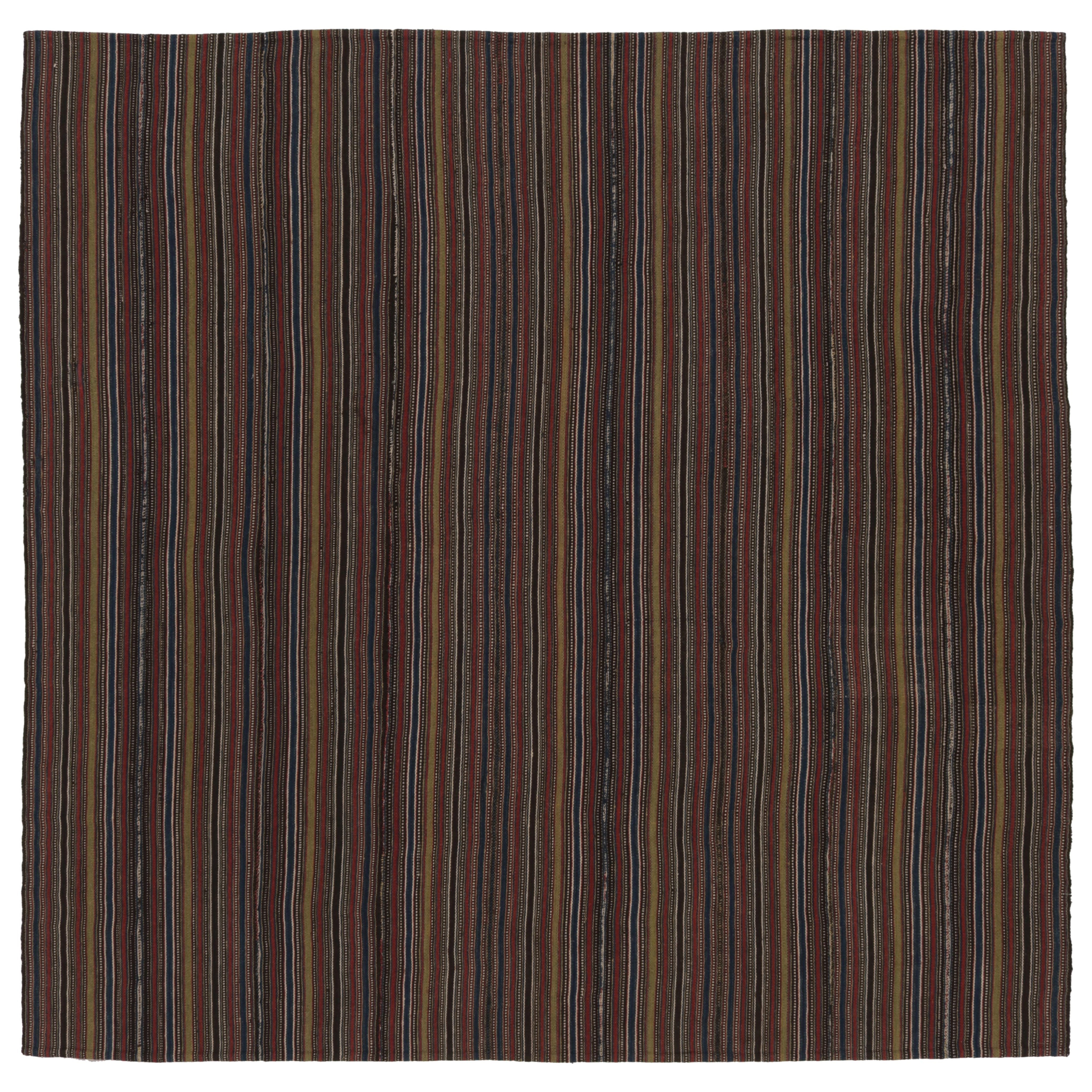 Vintage Persian Kilim, Square Rug in Fine Polychromatic Stripes - Rug 
Kilim