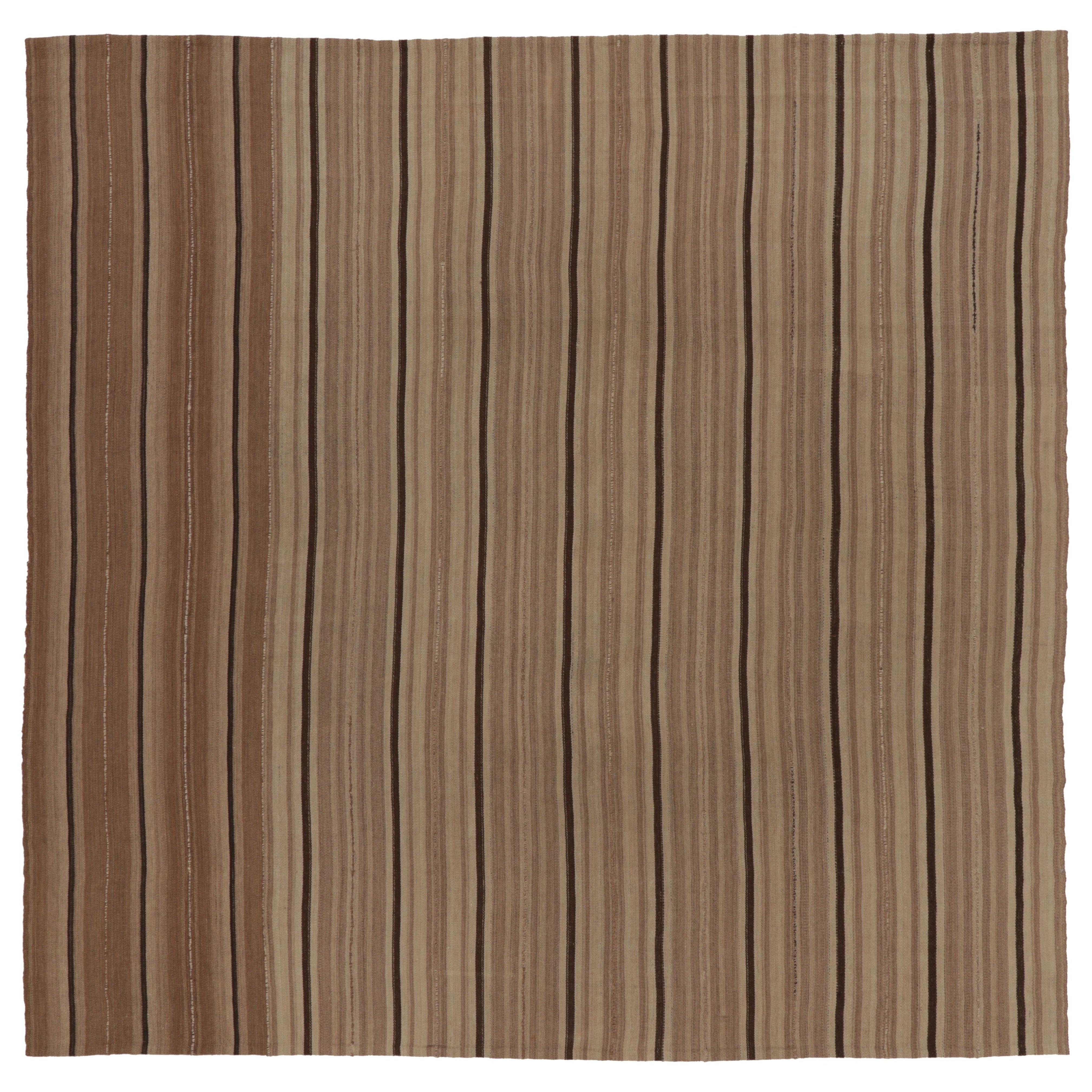 Vintage Persian Kilim, Square Rug in Neutral Beige-Brown Stripes - Rug 
Kilim