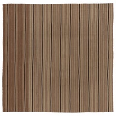 Vintage Persian Kilim, Square Rug in Neutral Beige-Brown Stripes - Rug 
Kilim