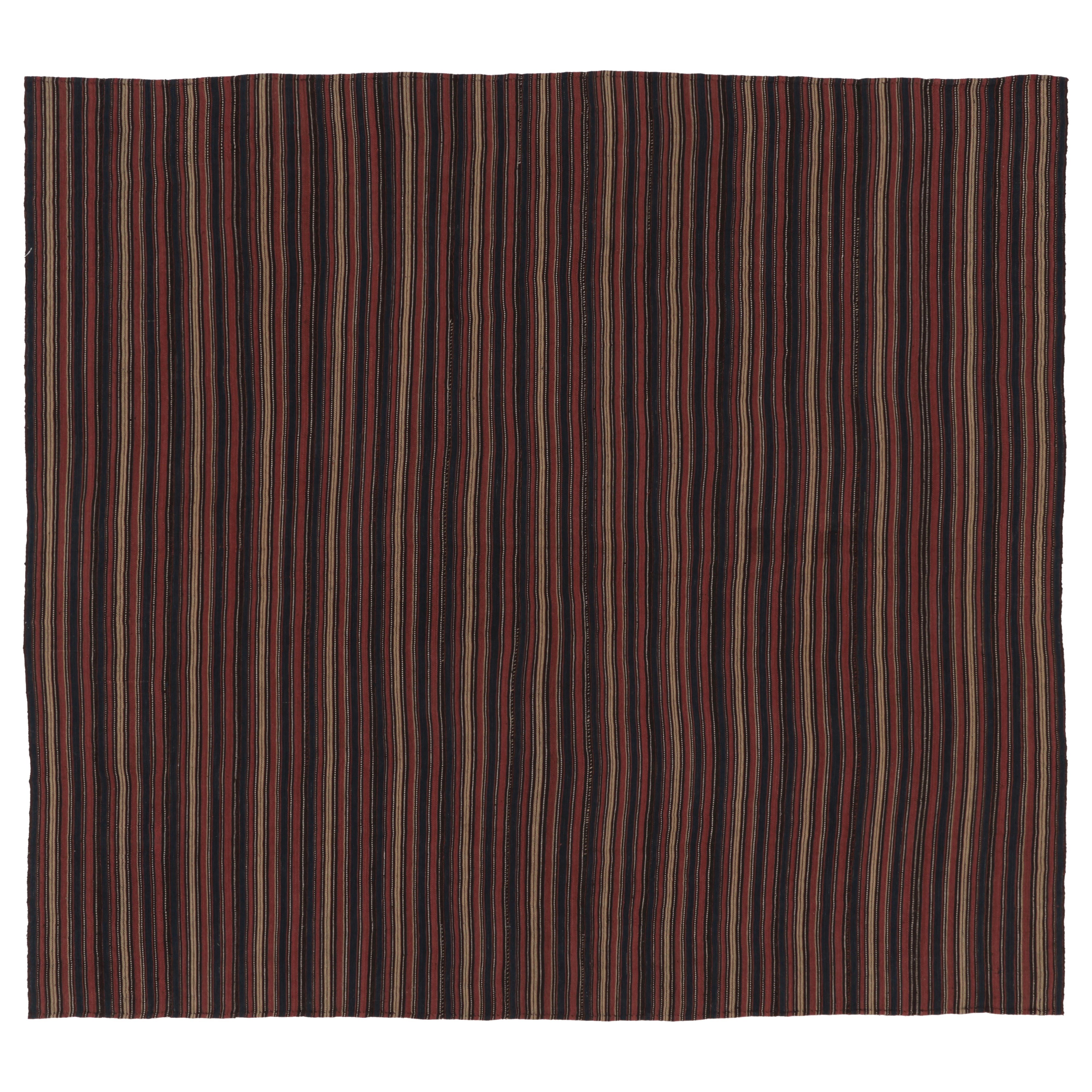 Vintage Persian Kilim, Square Rug with Brick and Navy Blue Stripes - Rug 
Kilim For Sale