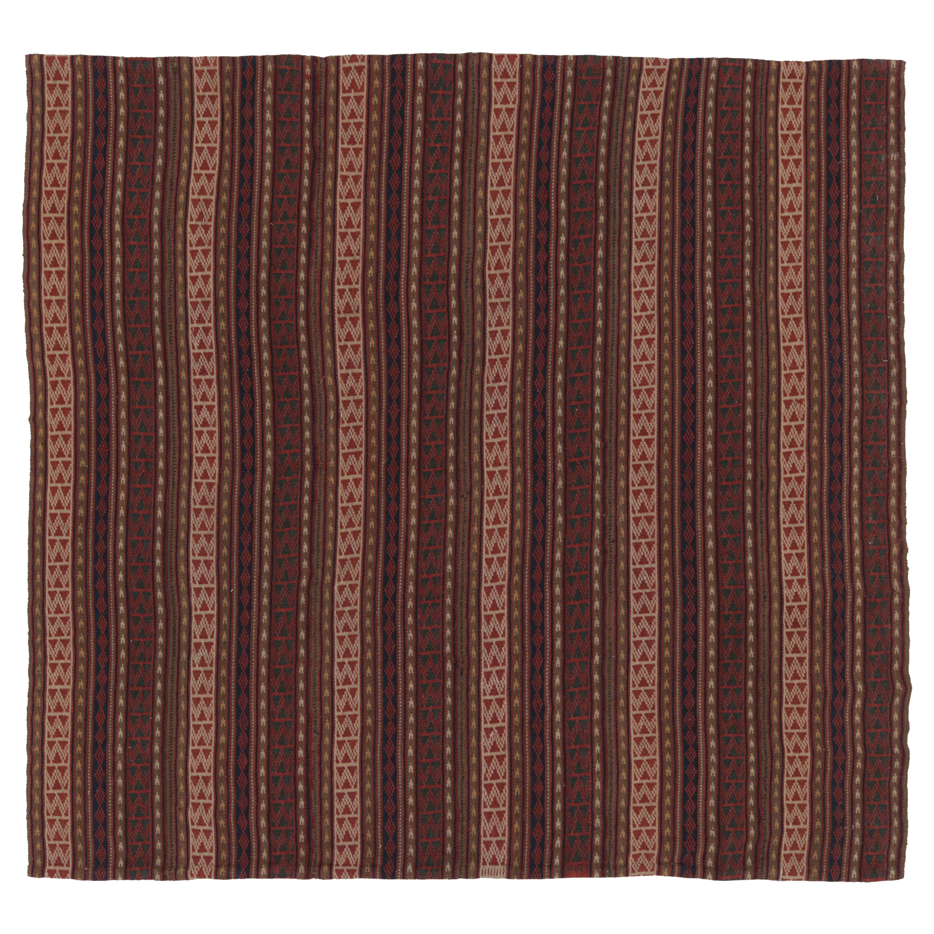 Vintage Persian Kilim, Square Rug with Intricate Geometric Stripes - Rug 
Kilim