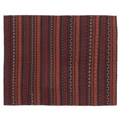 Vintage Persian Kilim, Tribal Geometric Stripes in Warm Red Tones - Rug 
Kilim