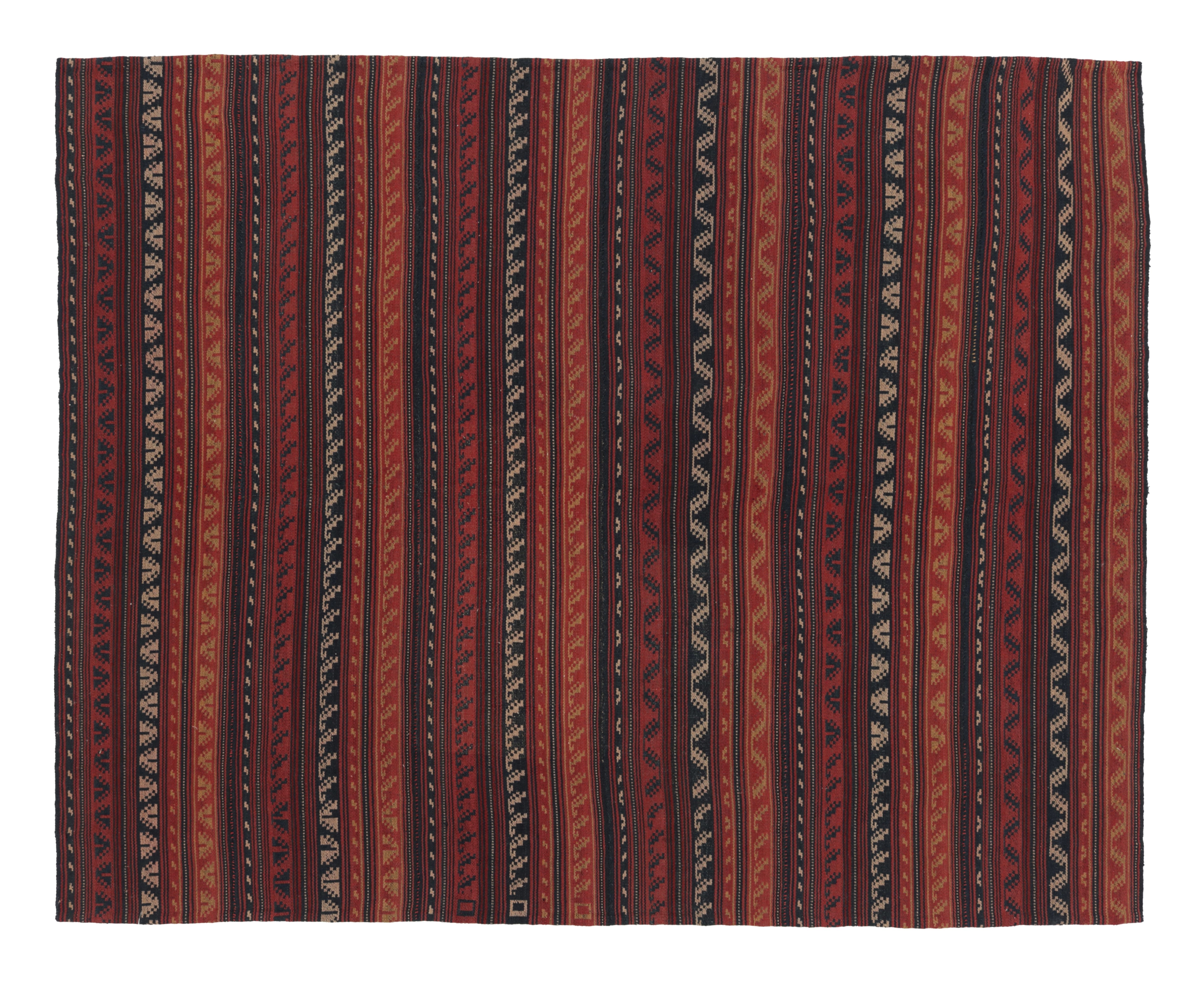 Vintage Persian Kilim, Tribal Geometric Stripes in Warm Red Tones - Rug 
Kilim