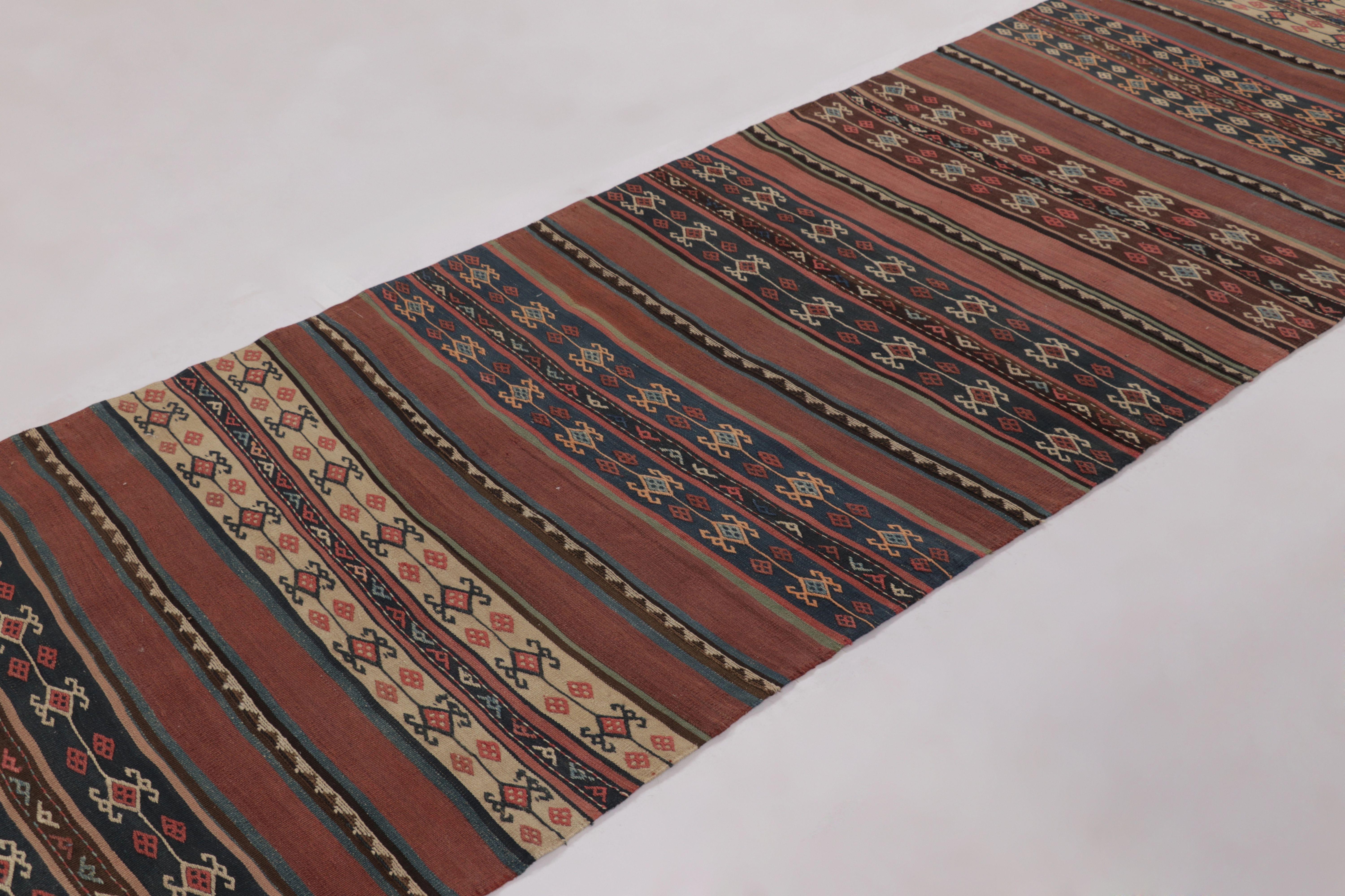 Wool Vintage Persian Kilim, Tribal Runner Rug with Ram's Horn Motifs - Rug & Kilim For Sale