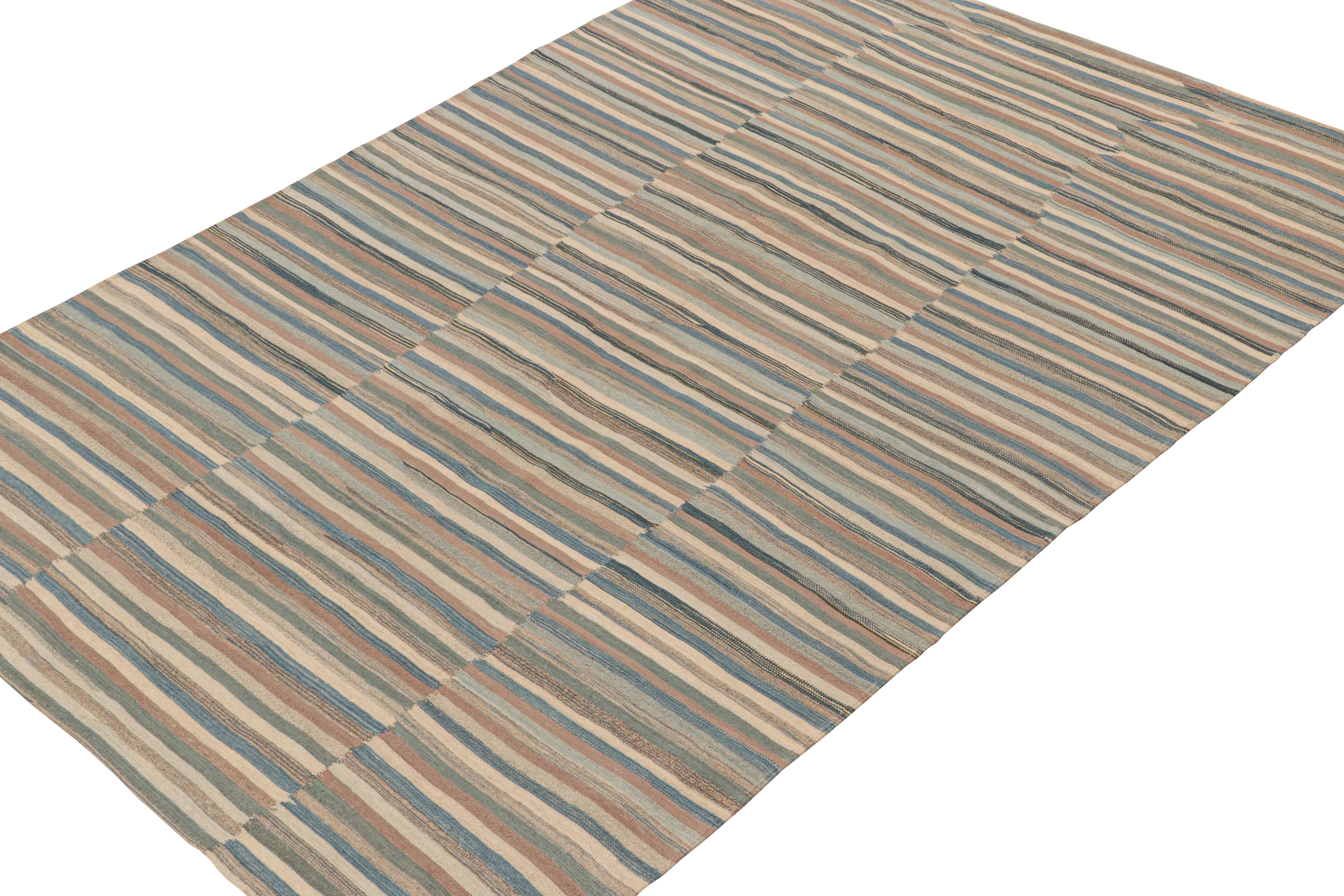 Tribal Vintage Persian Kilim with Panels in Beige-Brown and Blue Stripes by Rug & Kilim For Sale