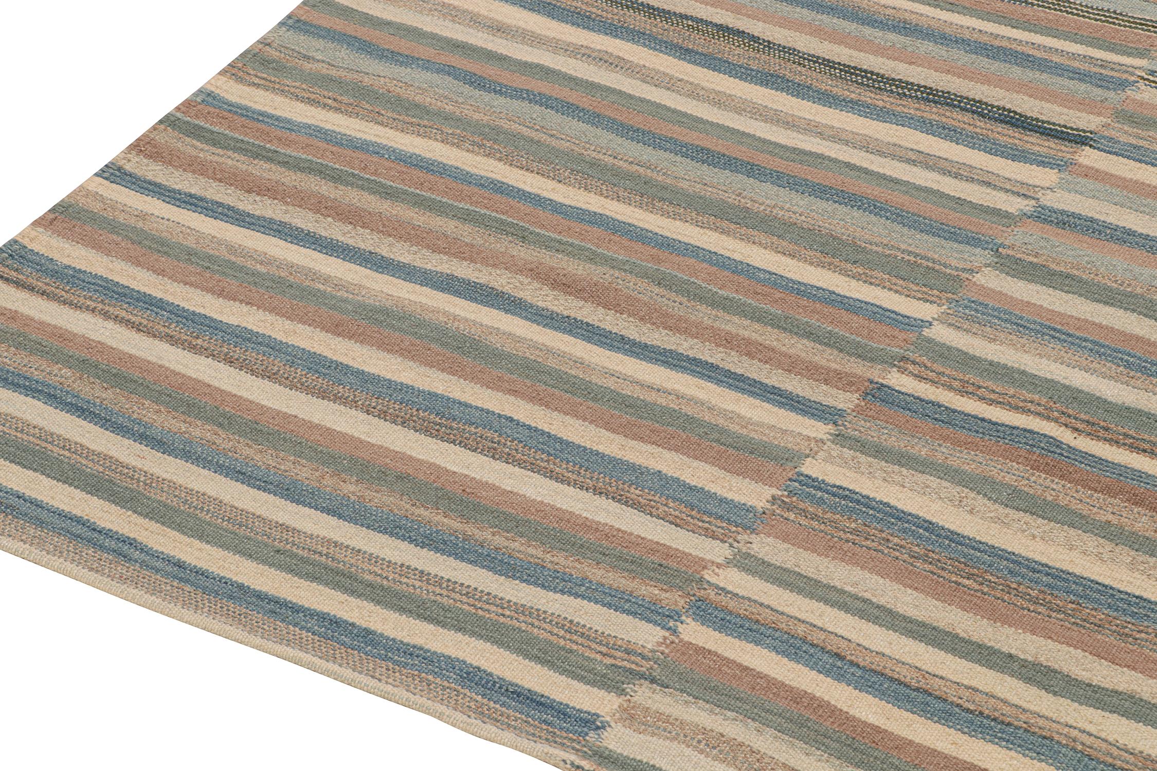 Hand-Knotted Vintage Persian Kilim with Panels in Beige-Brown and Blue Stripes by Rug & Kilim For Sale