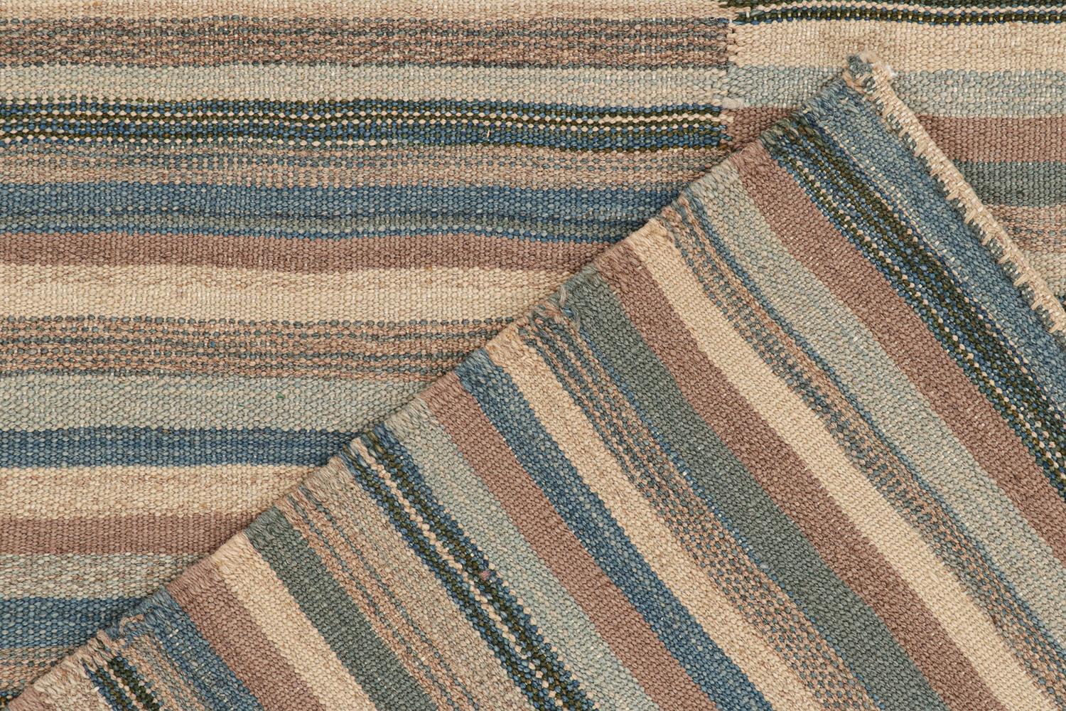Mid-20th Century Vintage Persian Kilim with Panels in Beige-Brown and Blue Stripes by Rug & Kilim For Sale