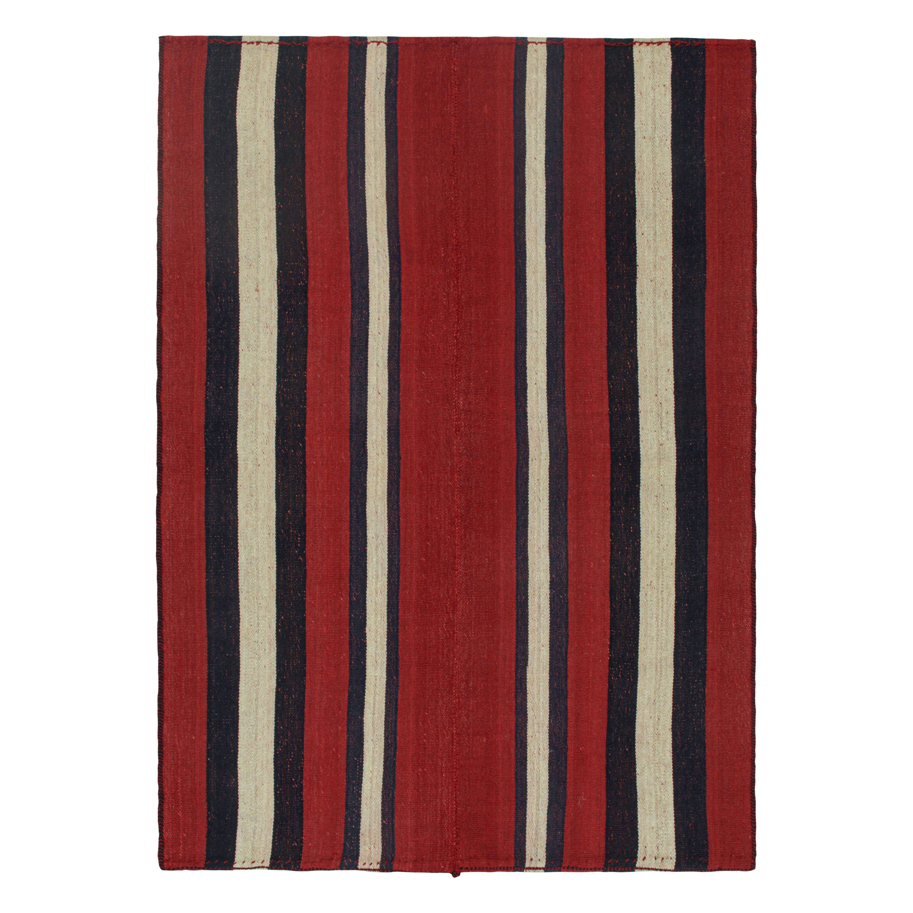 Kilim persiano vintage a strisce rosse, blu e bianco sporco