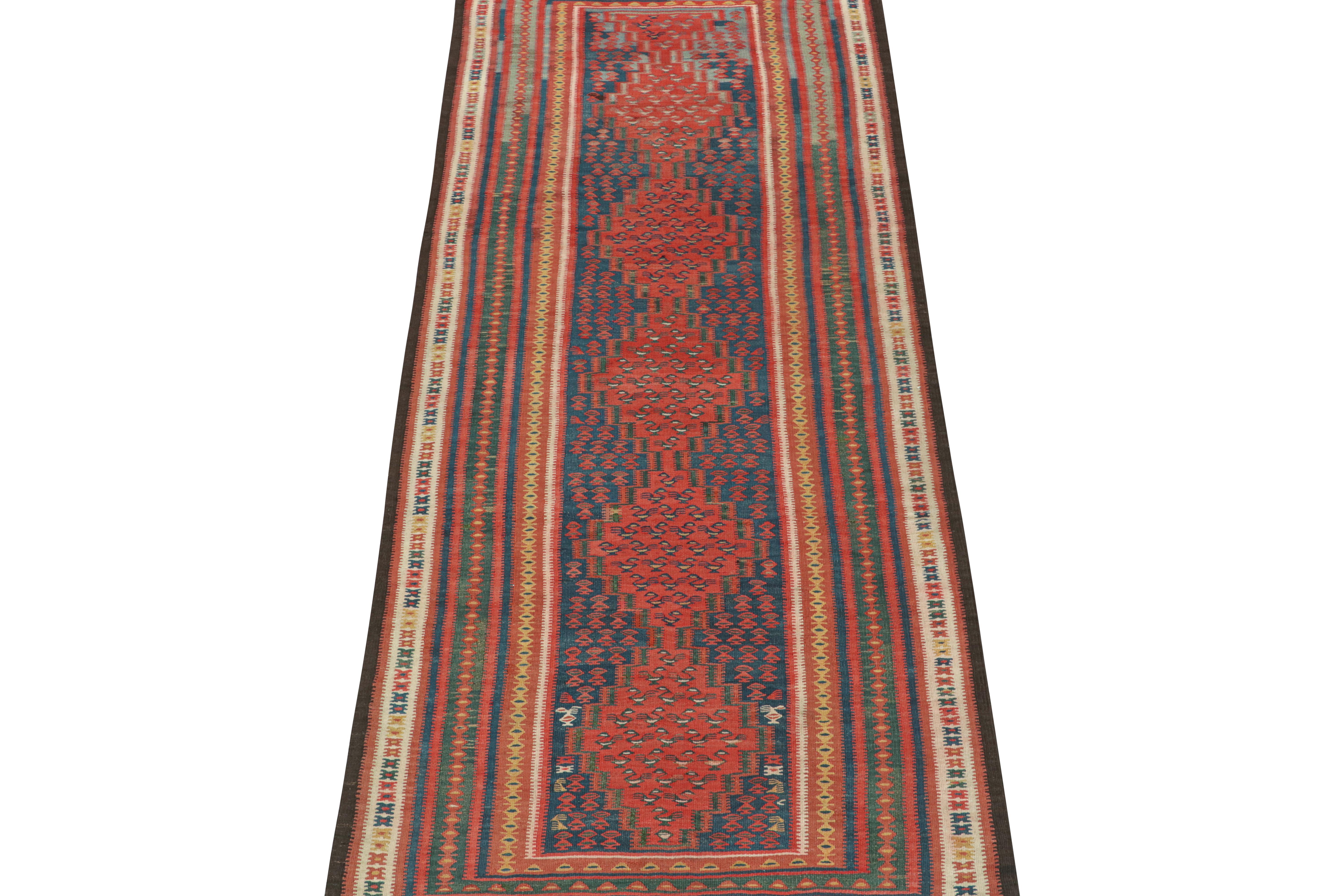 This vintage 4x10 Persian Kilim is believed to be a tribal runner from Harsin in the Kermanshah Province. Handwoven in wool, it originates circa 1950-1960. 

On the Design:

This particular Kilim enjoys an interesting design, playing medallion