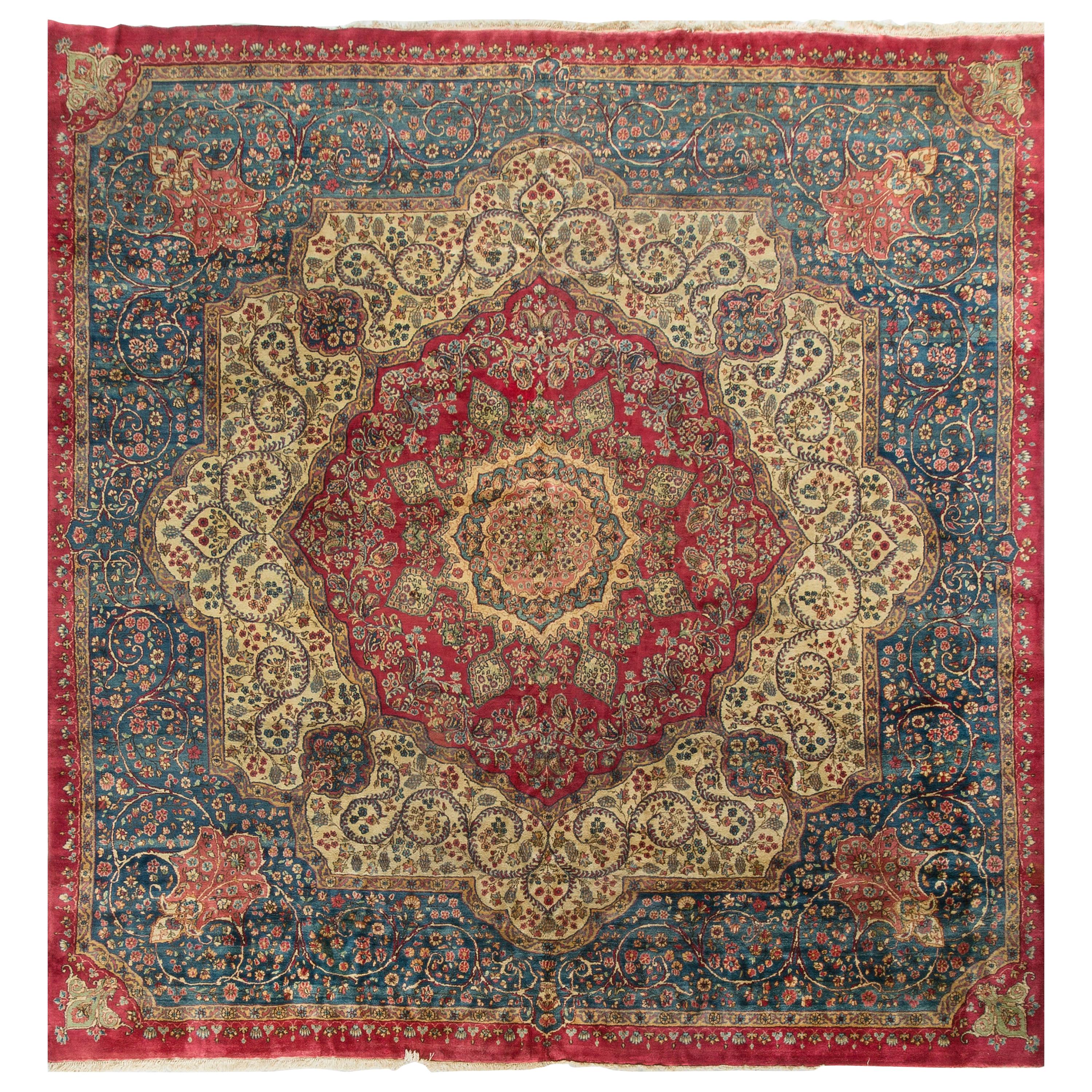 Vintage Square Persian Kirman Rug, circa 1920 12' x 12'6