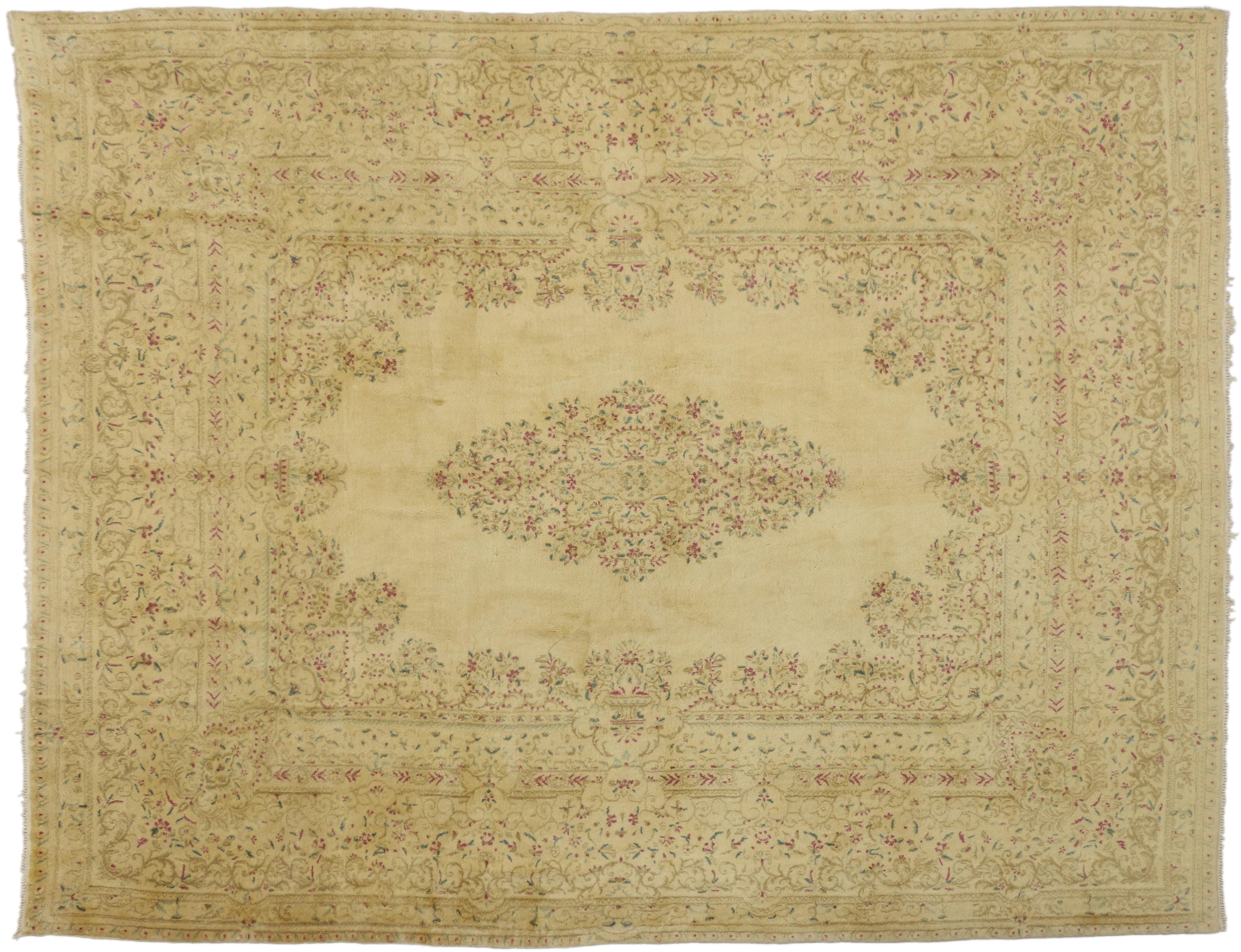Wool Vintage Persian Kirman Rug with French Victorian Style, Gold Kerman Area Rug For Sale