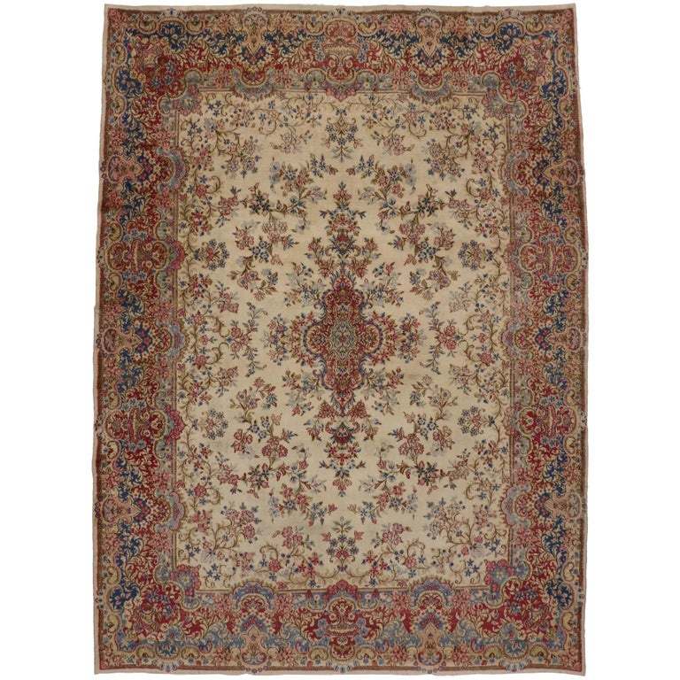 Vintage Persian Kirman Rug With Rococo Style Persian Kerman Area Rug For Sale At 1stdibs