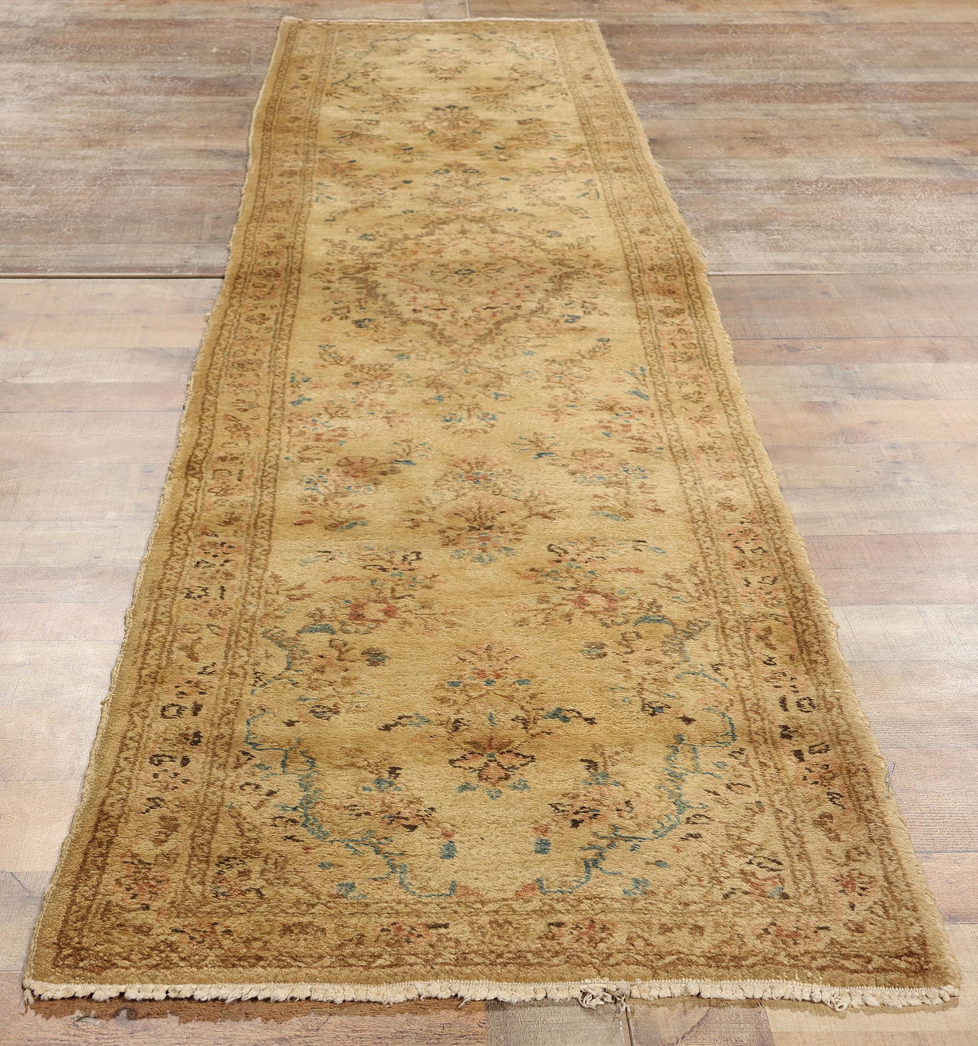 Hand-Knotted Vintage Persian Kirman Runner, Persian Kerman Hallway Runner For Sale