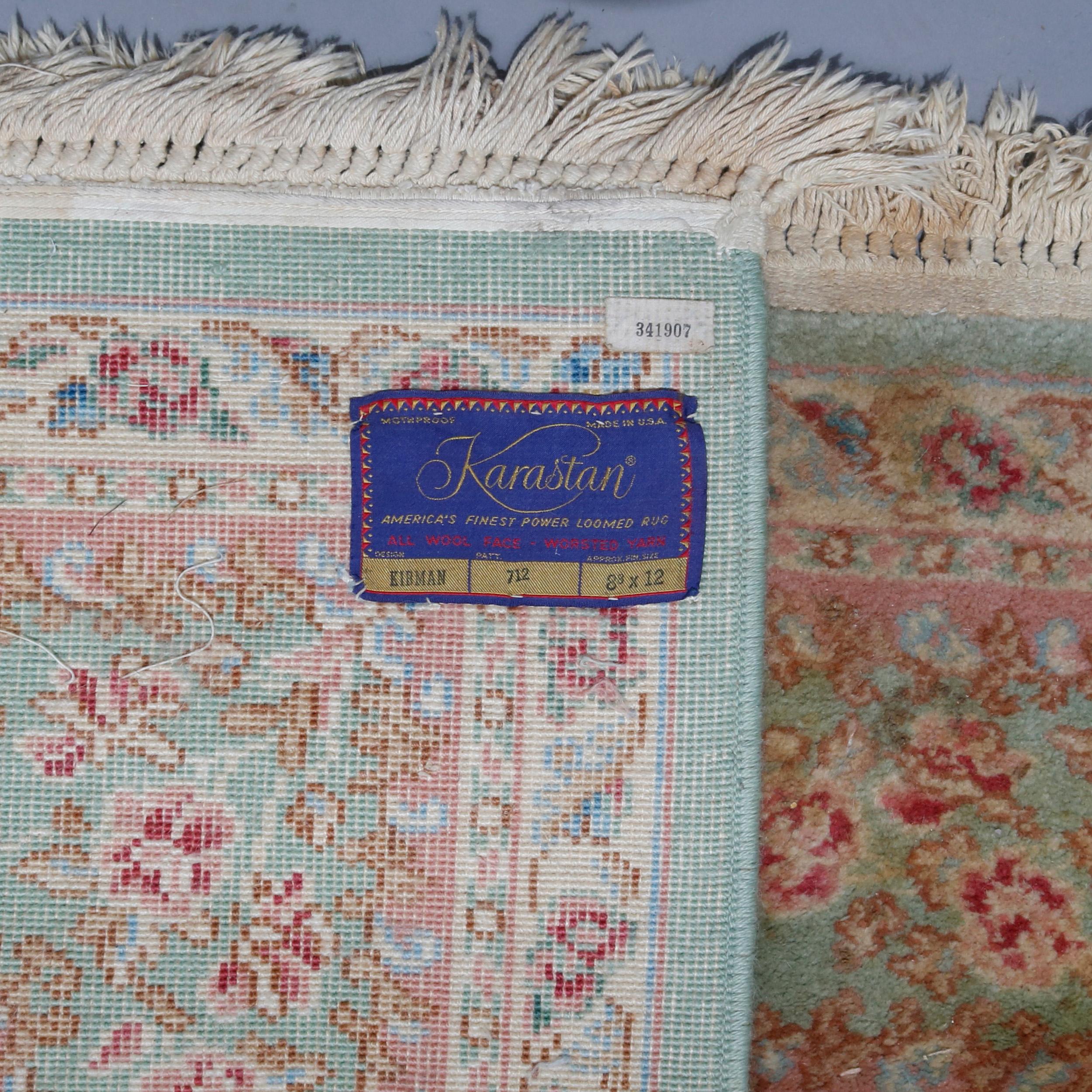 A vintage Persian Kirman style rug by Karastan offers mint central floral medallion on mint green ground, original label as photographed, circa 1950

***DELIVERY NOTICE – Due to COVID-19 we are employing NO-CONTACT PRACTICES in the transfer of