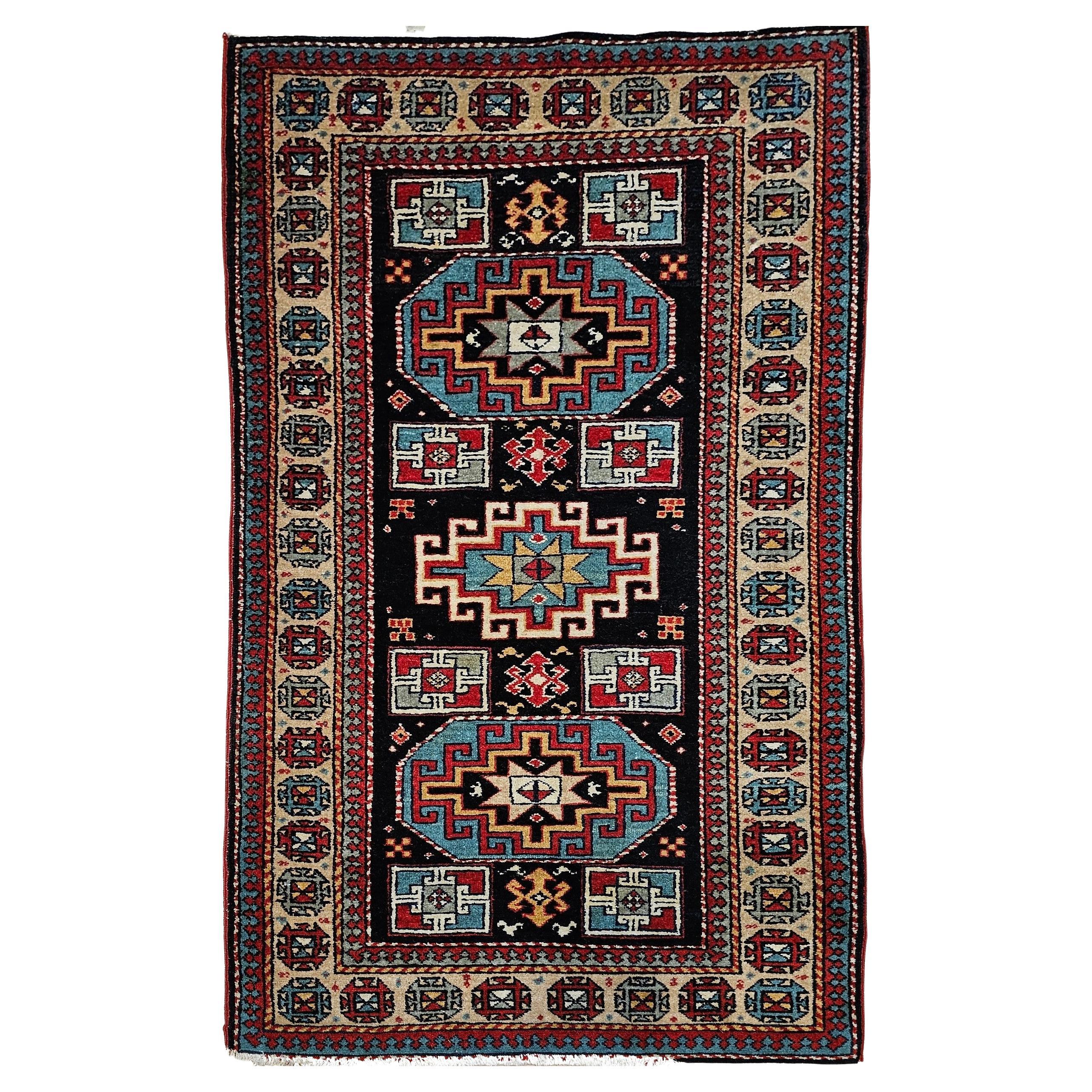 Vintage Persian Kurdish Area Rug in Geometric Pattern in Navy, Tan ...