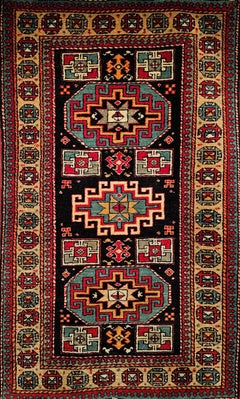 Tapis persan kurde vintage à motif géométrique en bleu marine, beige et bleu