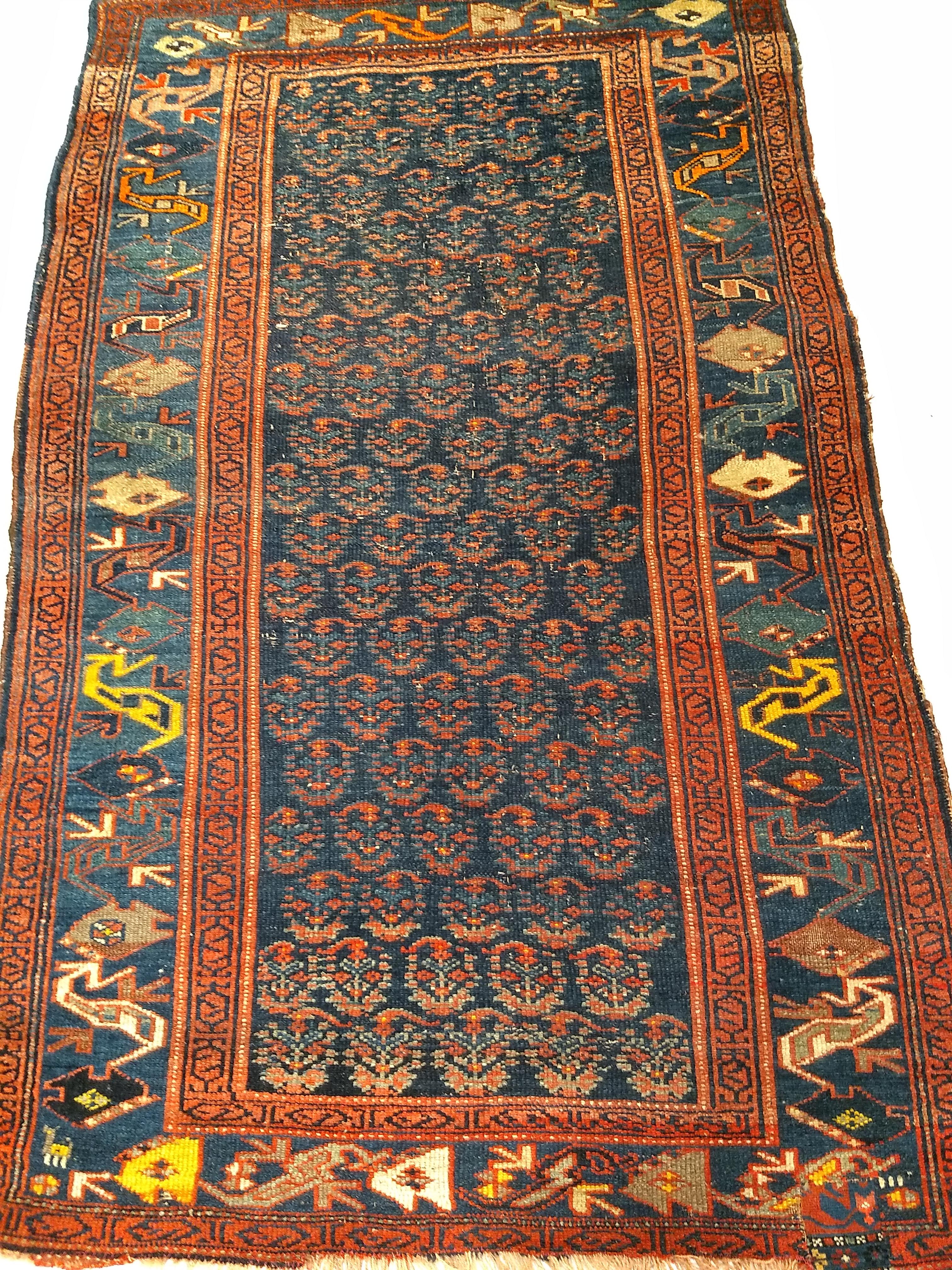 Vintage Persian Bidjar Area Rug in Allover Paisley in Navy Blue, Green, Yellow For Sale 4