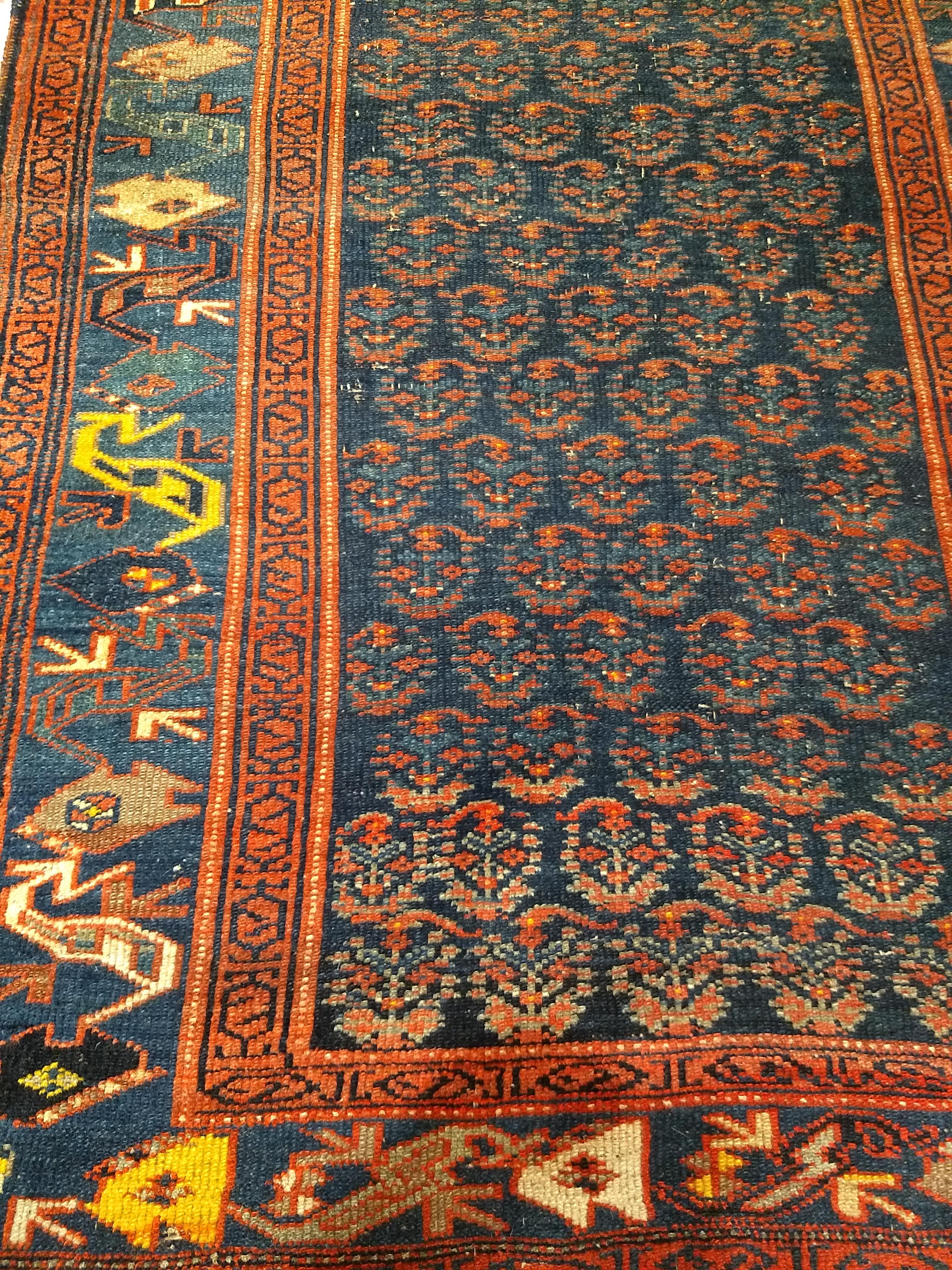 Vintage Persian Bidjar Area Rug in Allover Paisley in Navy Blue, Green, Yellow For Sale 1