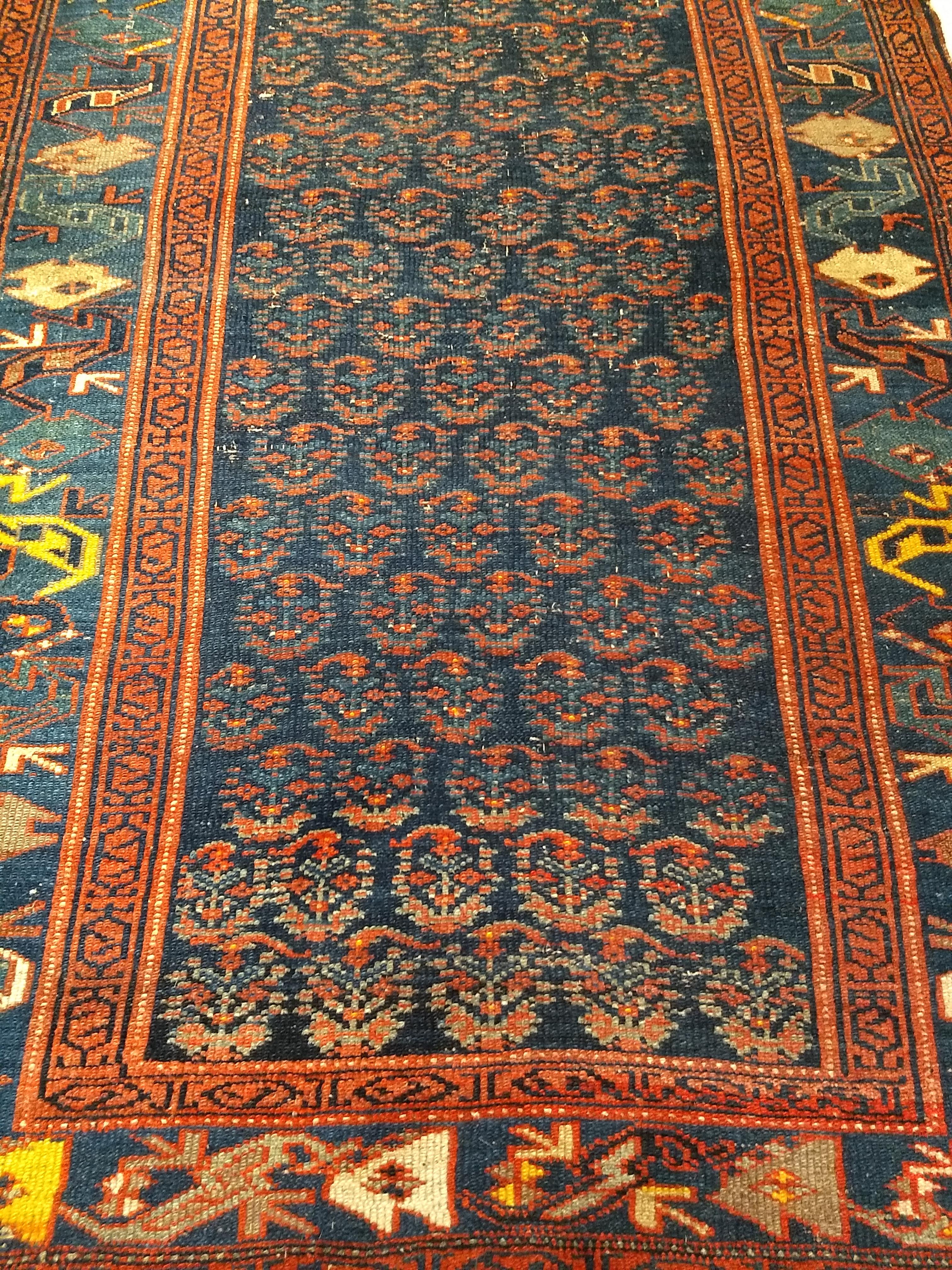 Vintage Persian Bidjar Area Rug in Allover Paisley in Navy Blue, Green, Yellow For Sale 3