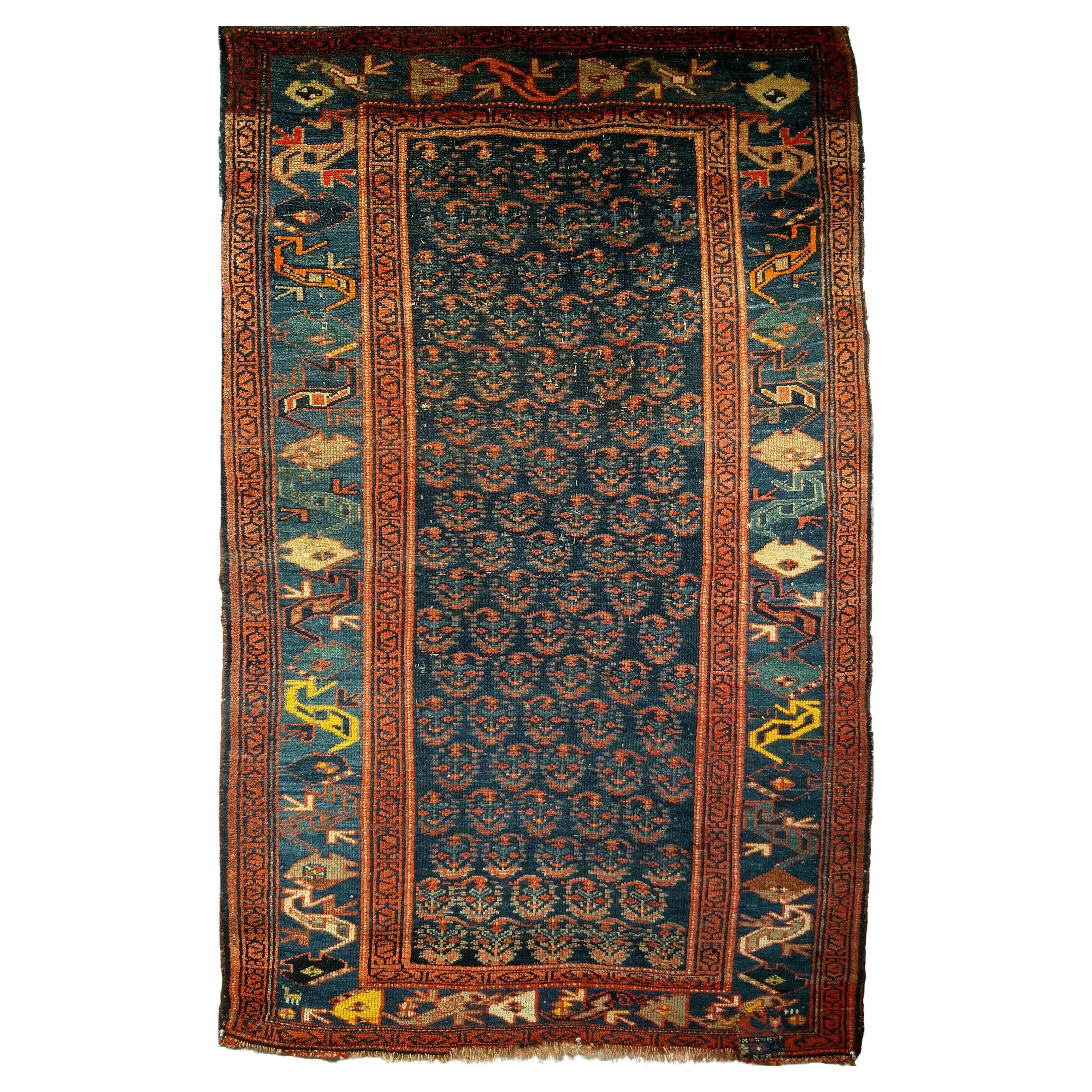 Vintage Persian Bidjar Area Rug in Allover Paisley in Navy Blue, Green, Yellow For Sale