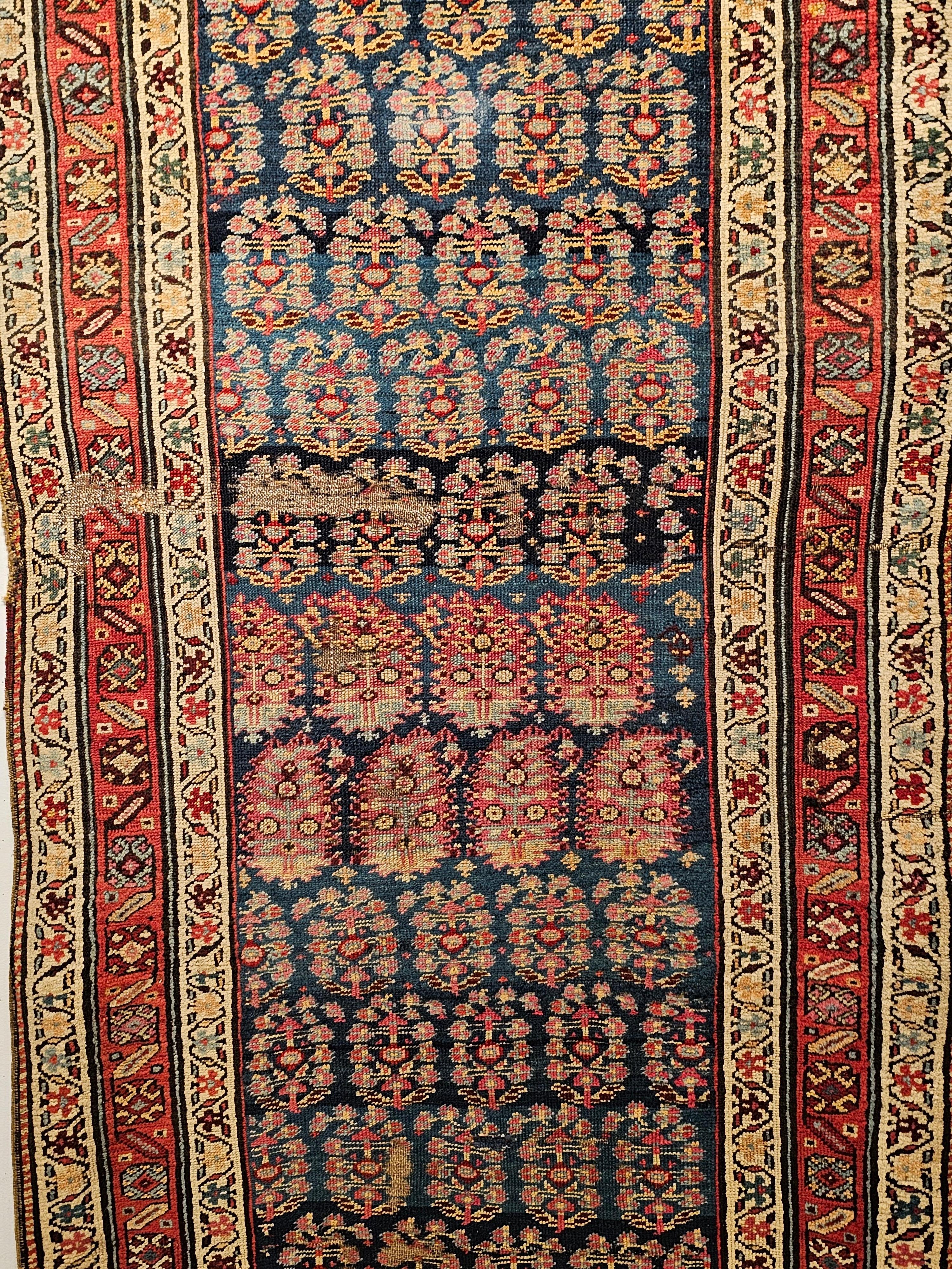 Vegetable Dyed 19th Century Persian Kurdish Bidjar Runner in Allover Paisley Pattern in Blue For Sale