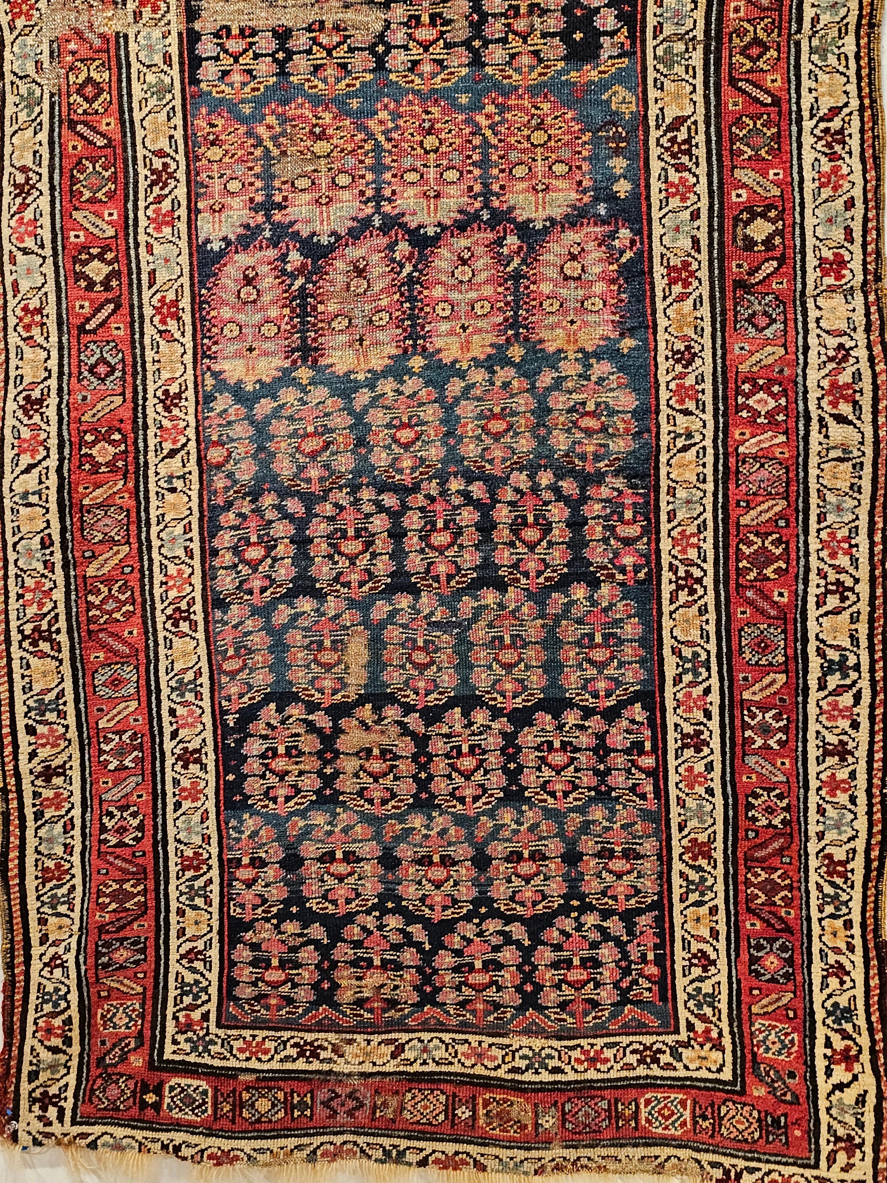 19th Century Persian Kurdish Bidjar Runner in Allover Paisley Pattern in Blue In Good Condition For Sale In Barrington, IL