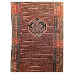 Antique Kurdish Bidjar Wide Runner in Paisley Design in Terracotta, French Blue