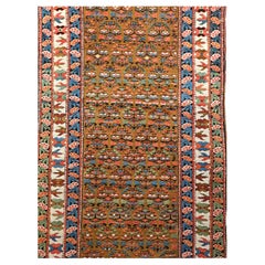 Vintage Persian Kurdish Camelhair Runner in Allover Pattern in Blue, Green, Red