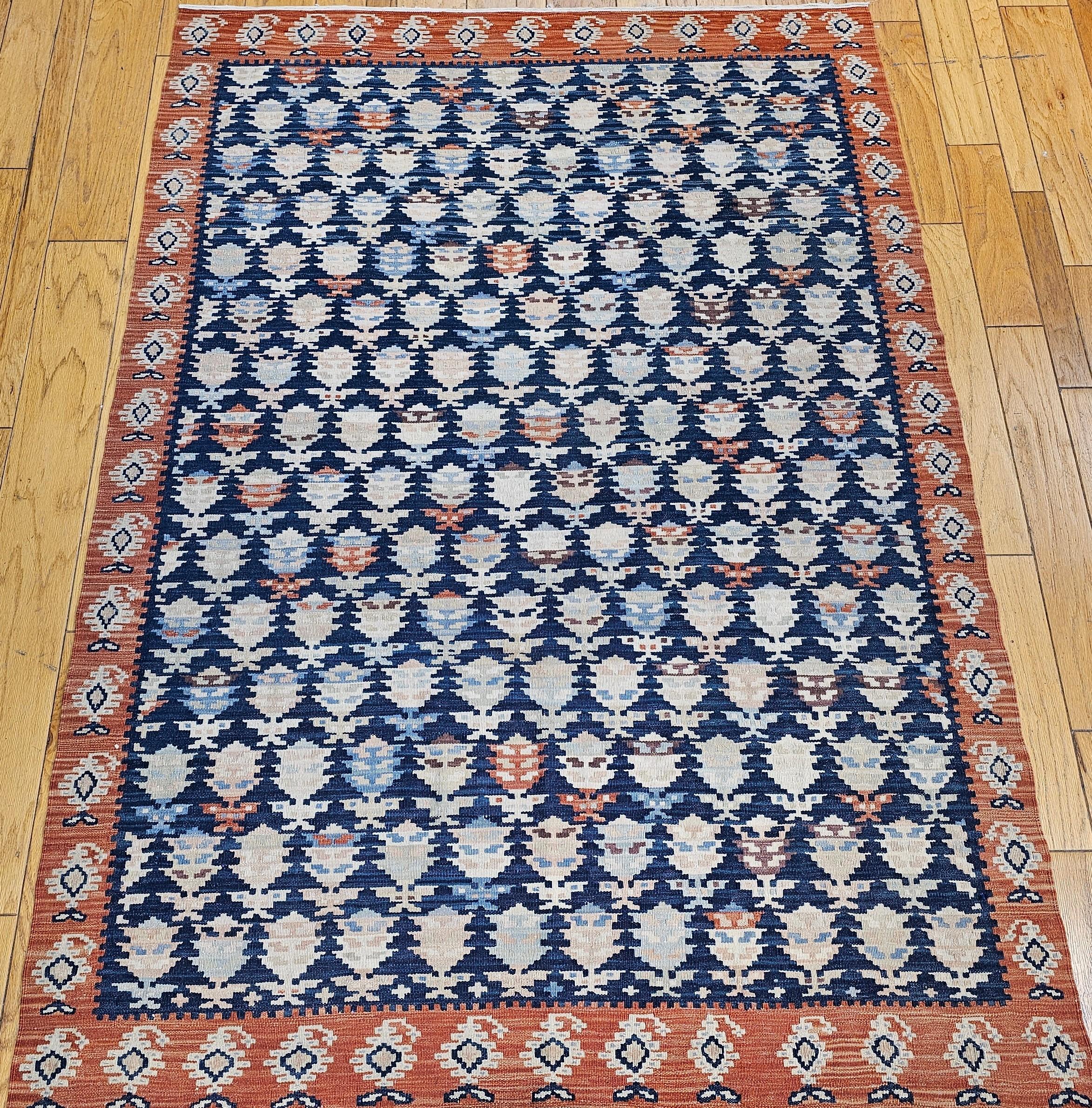 Vintage Persian Kurdish Kilim in All-Over Paisley Pattern in French Blue, Rust For Sale 5