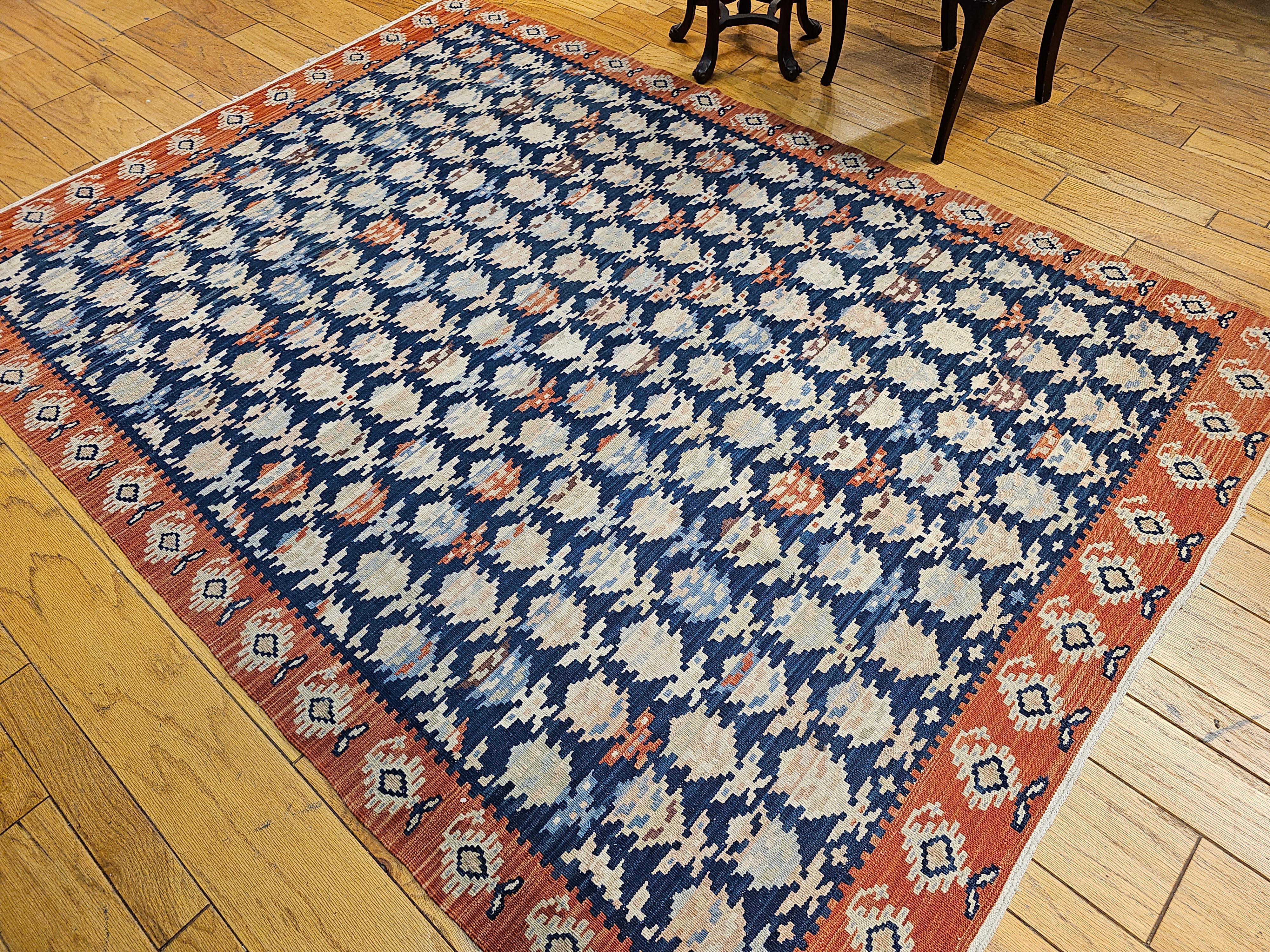Vintage Persian Kurdish Kilim in All-Over Paisley Pattern in French Blue, Rust For Sale 6