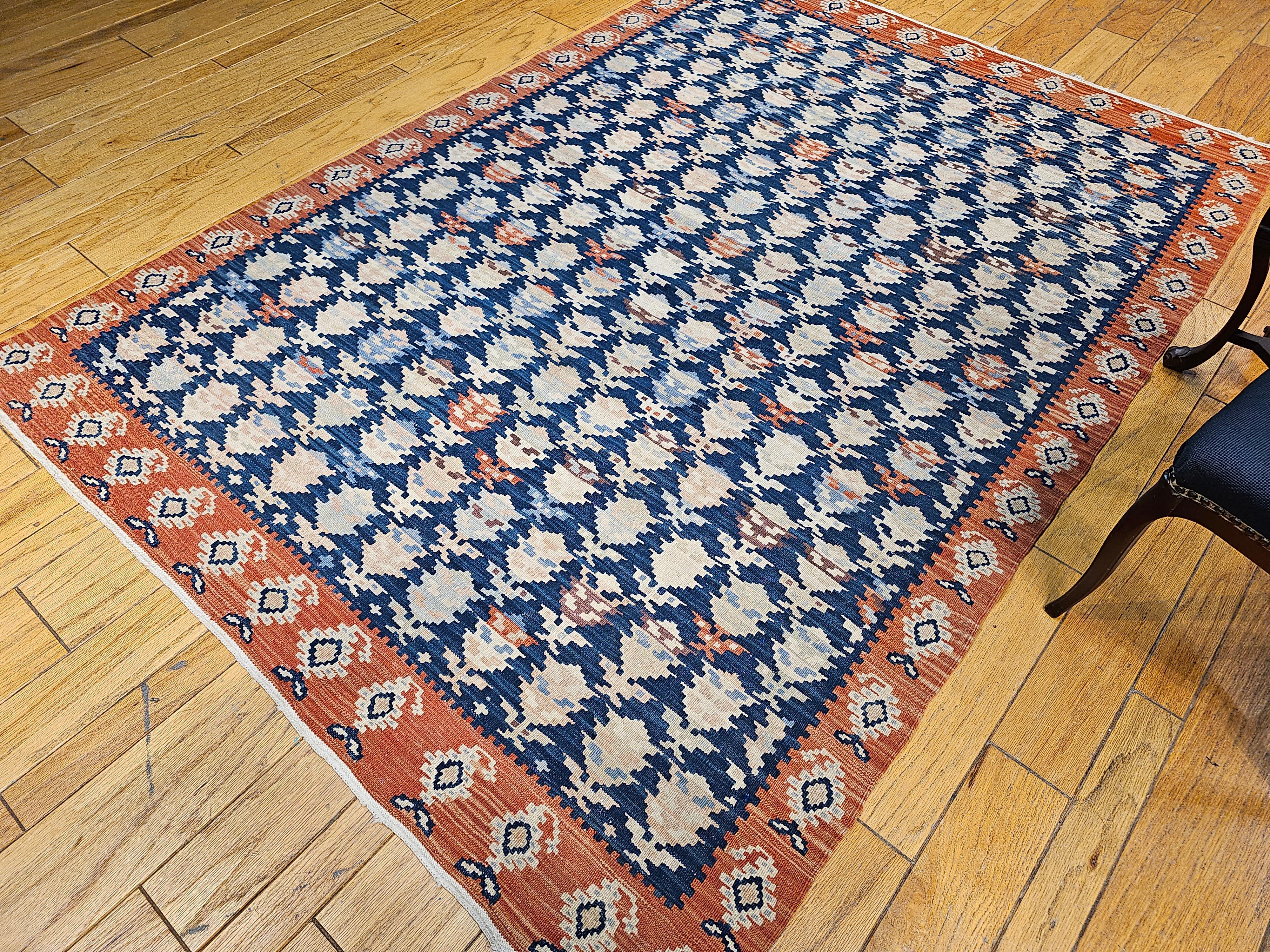 Vintage Persian Kurdish Kilim in All-Over Paisley Pattern in French Blue, Rust For Sale 7