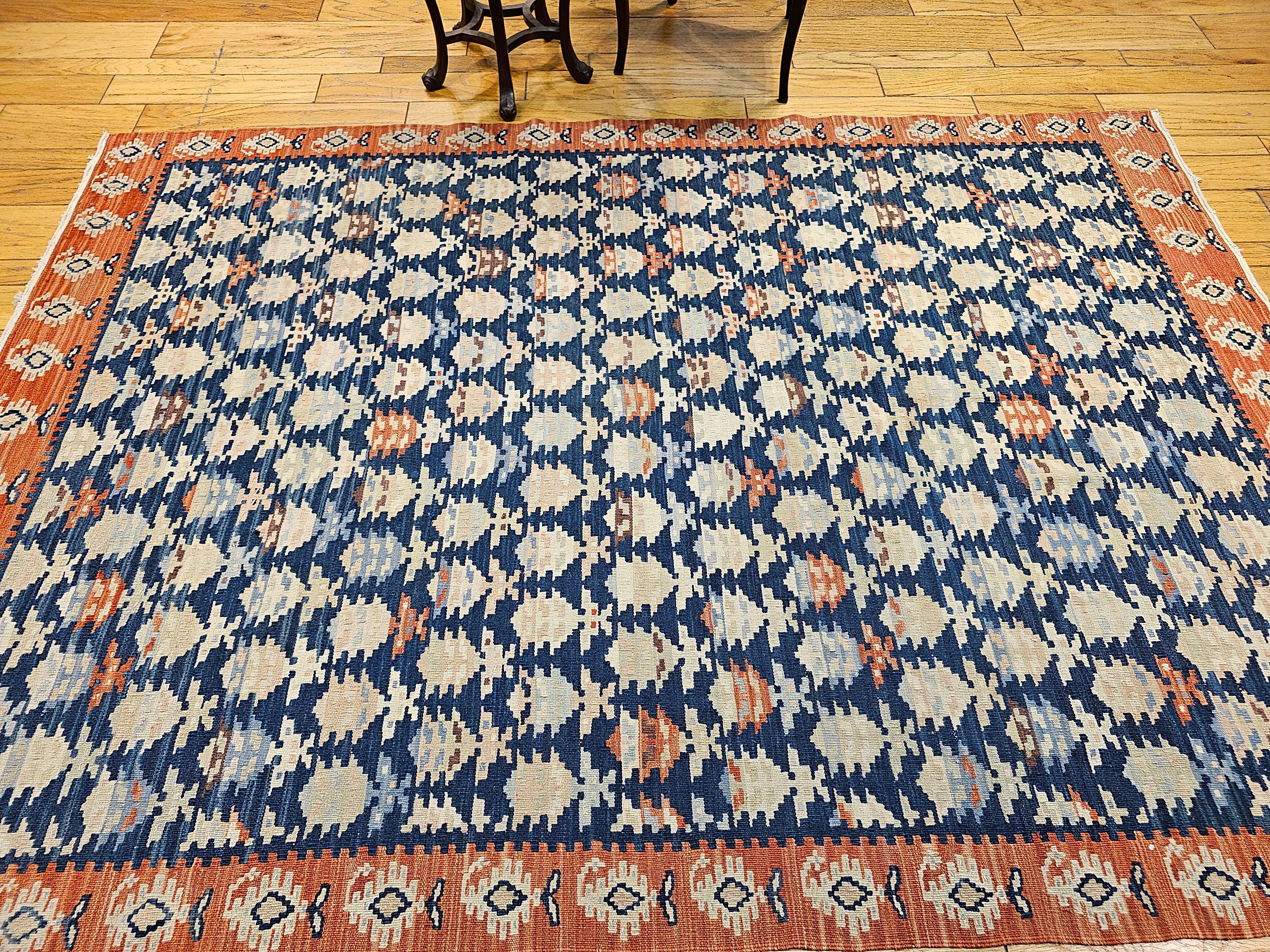 Vintage Persian Kurdish Kilim in All-Over Paisley Pattern in French Blue, Rust For Sale 8