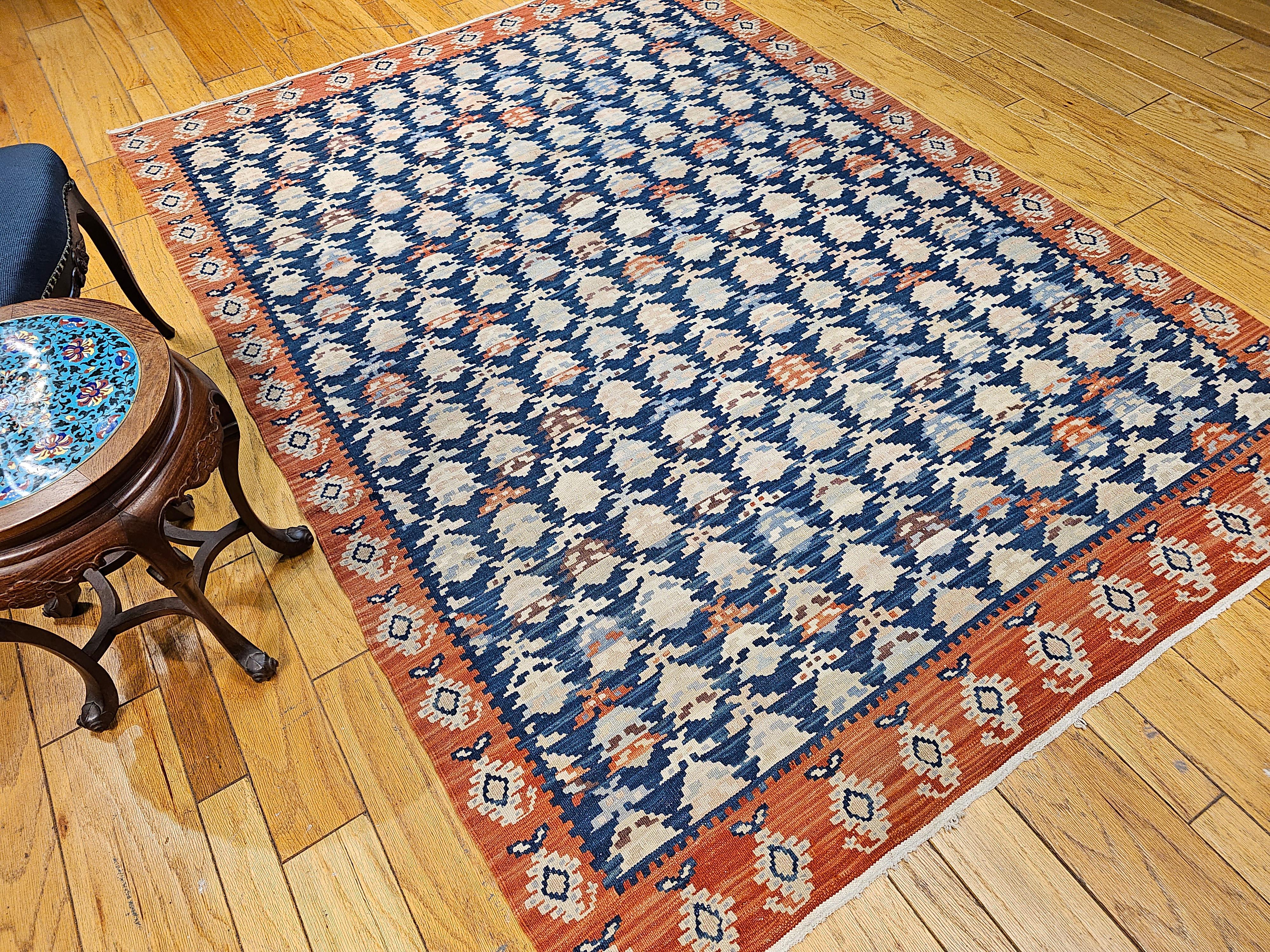 Vintage Persian Kurdish Kilim in All-Over Paisley Pattern in French Blue, Rust For Sale 9