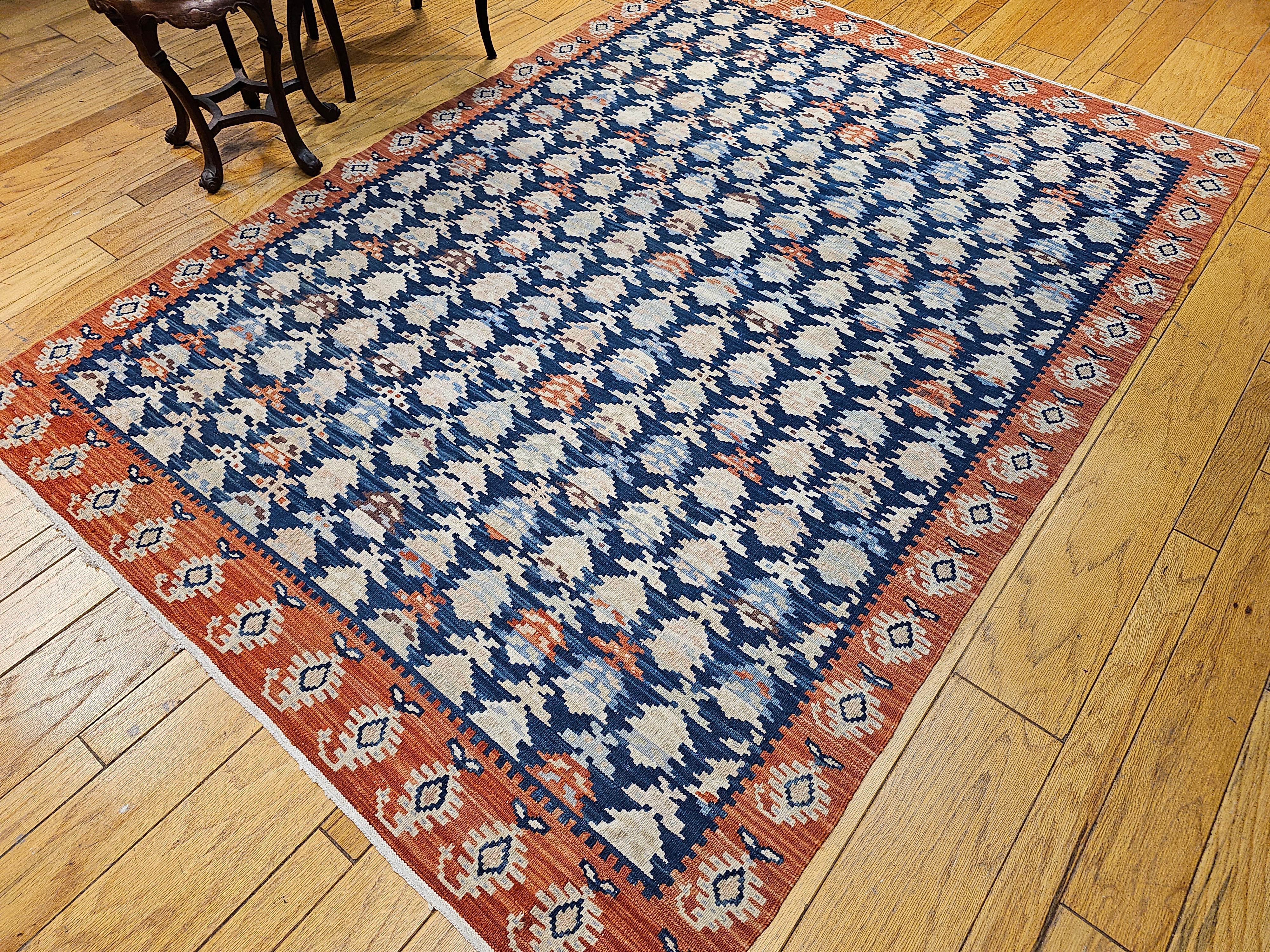 Vintage Persian Kurdish Kilim in All-Over Paisley Pattern in French Blue, Rust For Sale 10