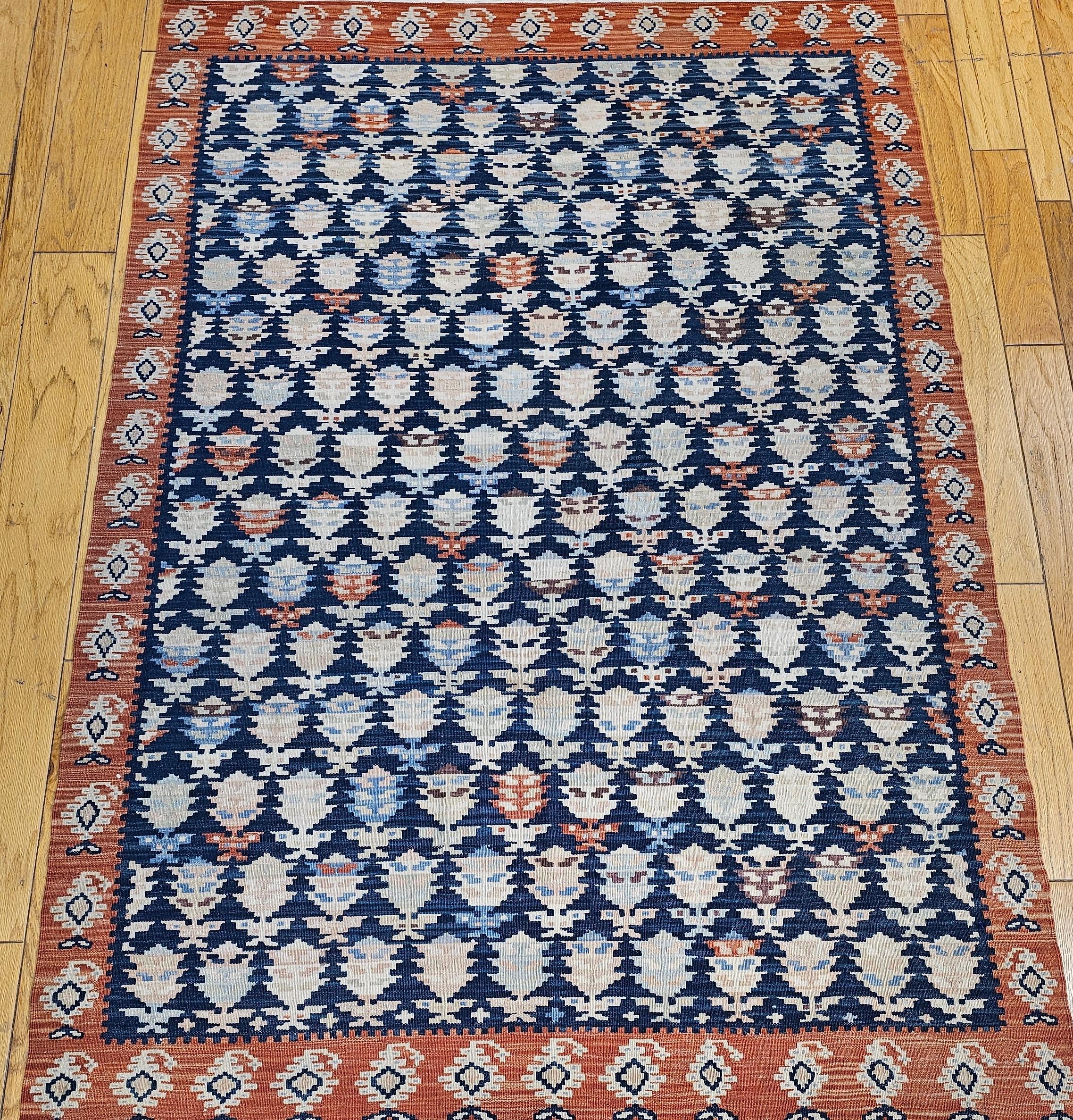Vintage Persian Kurdish Kilim in All-Over Paisley Pattern in French Blue, Rust For Sale 11