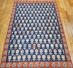 Vintage Persian Kurdish Kilim in All-Over Paisley Pattern in French Blue, Rust