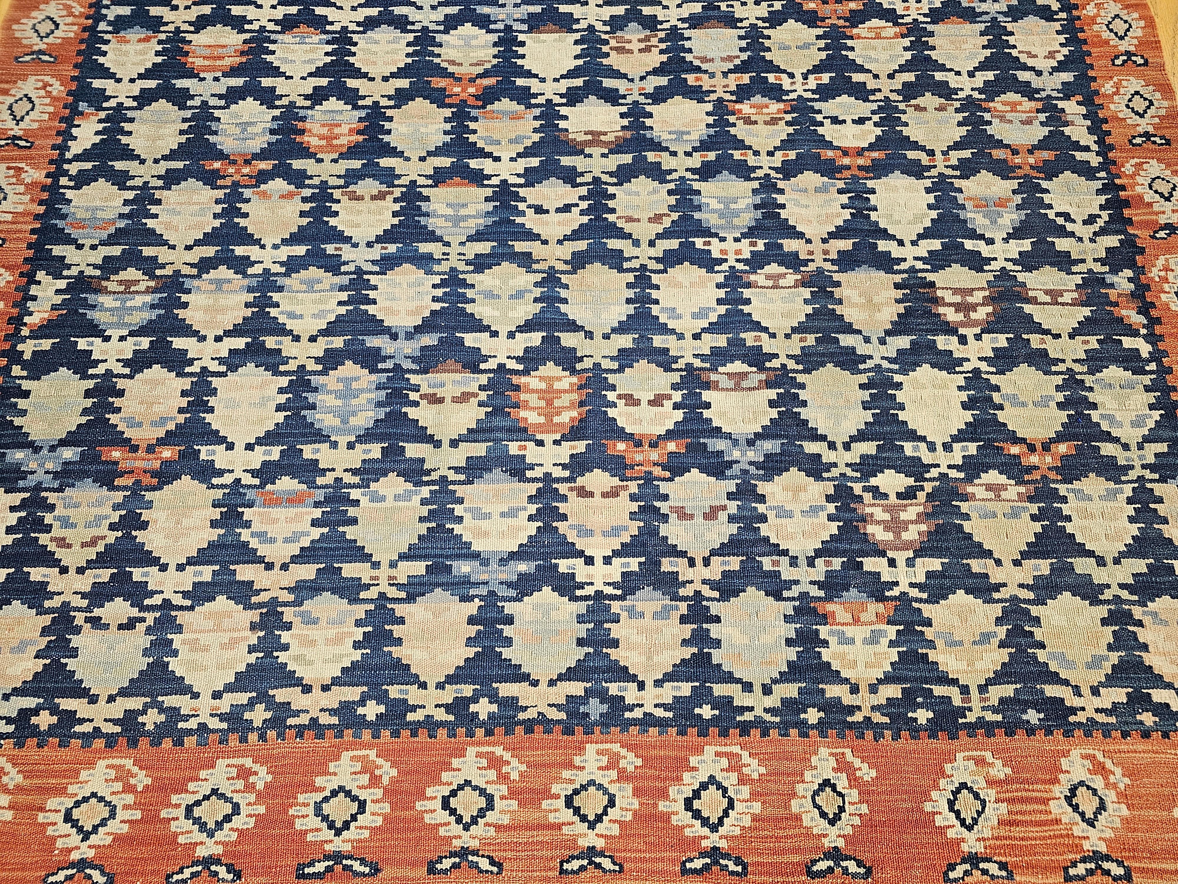Hand-Knotted Vintage Persian Kurdish Kilim in All-Over Paisley Pattern in French Blue, Rust For Sale