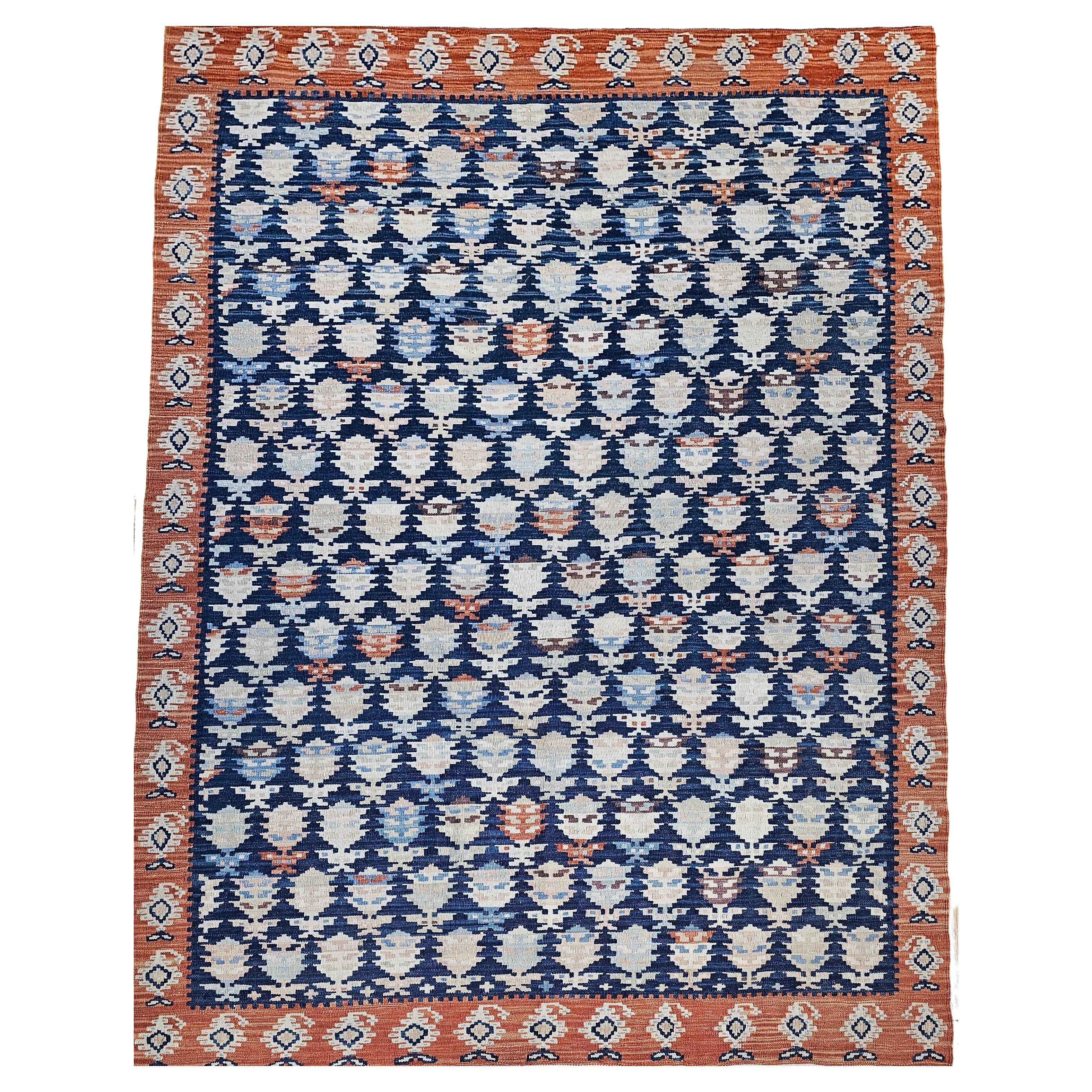 Vintage Persian Kurdish Kilim in All-Over Paisley Pattern in French Blue, Rust
