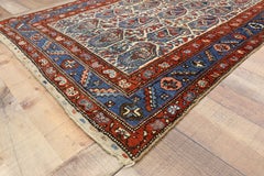 Vintage Persian Kurdish Rug with Blue Boteh Pattern