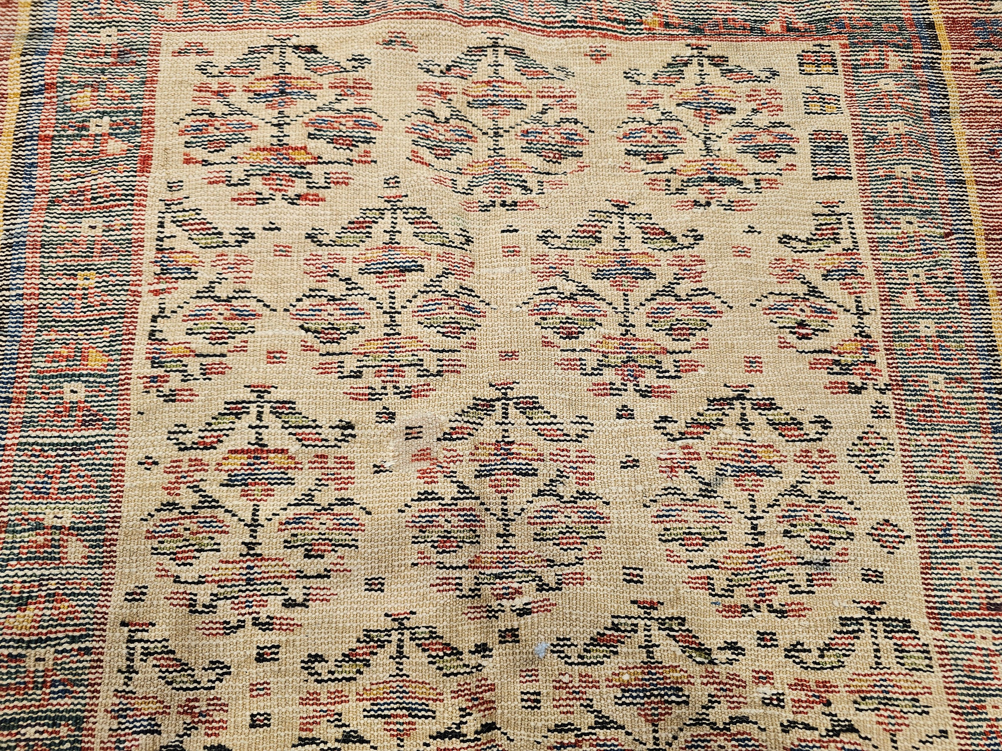 Manta vintage persa kurda con estampado de cachemira en marfil, rojo y verde en venta 10