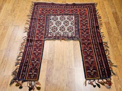 Vintage Persian Kurdish Saddle Blanket in Paisley Pattern in Ivory, Red, Green