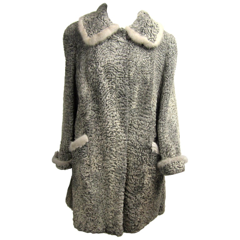 Vintage Persian Lamb Astrakhan - Mink fur Car coat Jacket Grey Large  For Sale